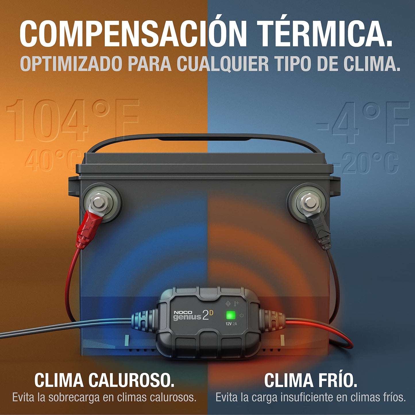 NOCO GENIUS2D: Cargador Inteligente 12V 2A – Mantenedor automático, Cargador Lento y desulfatador de Montaje Directo con protección contra sobrecarga y compensación térmica – para batería de Plomo