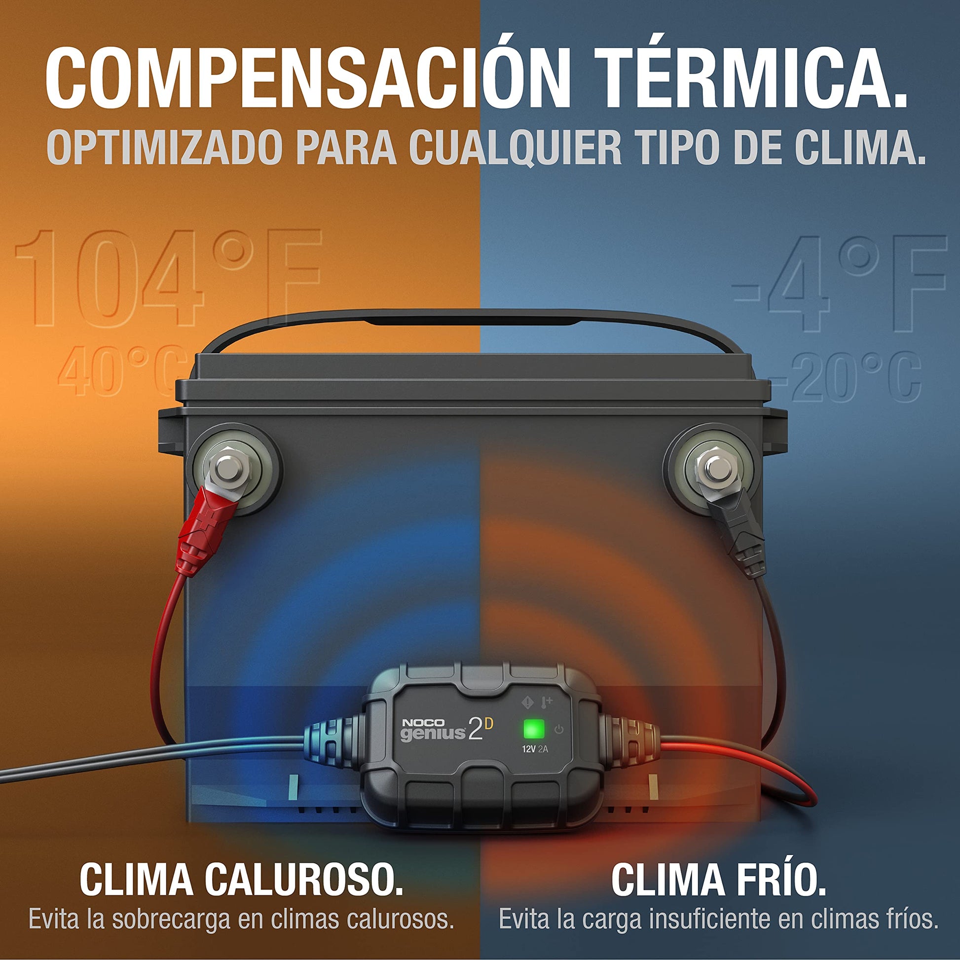NOCO GENIUS2D: Cargador Inteligente 12V 2A – Mantenedor automático, Cargador Lento y desulfatador de Montaje Directo con protección contra sobrecarga y compensación térmica – para batería de Plomo