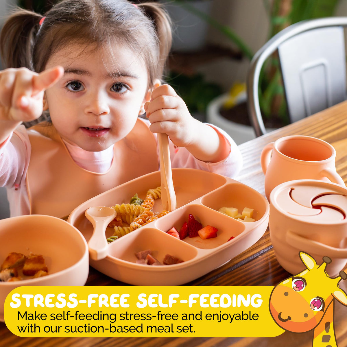 Muqee Peeko Platos con Ventosa para la Comida del bebé con Tapa, Color Albaricoque - Set de Comida para bebés de Silicona Apta para Uso alimentario