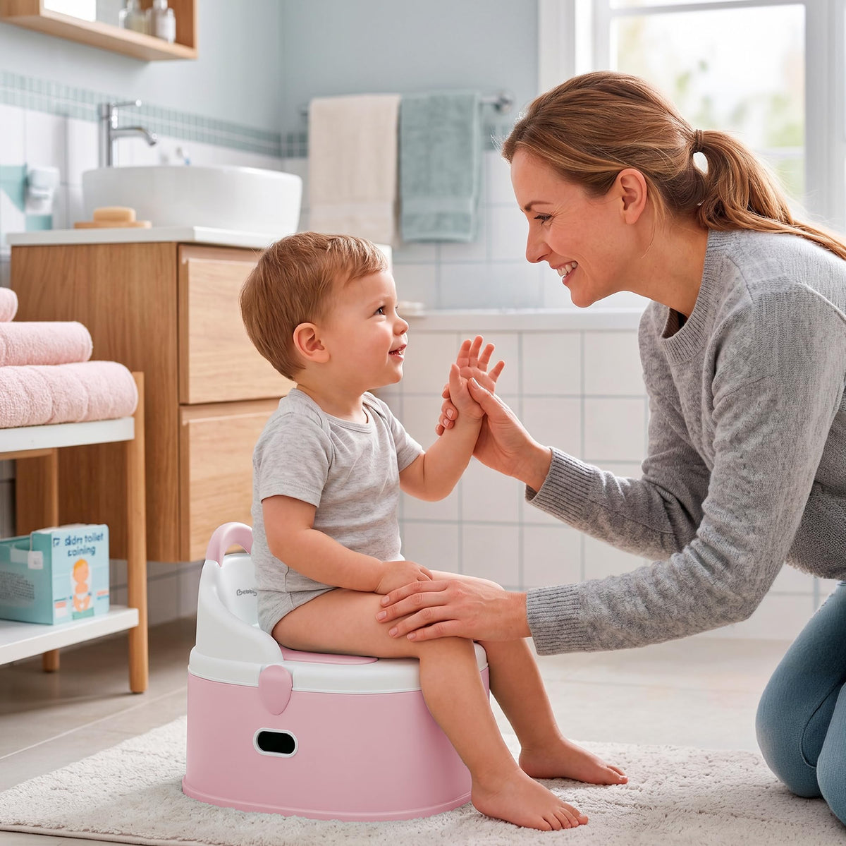 BEBBLY Bañito Entrenador Infantil 3 en 1, Bacinica, Asiento Reductor y Banco con Almacenamiento Antiderrapante para Niños de 6 Meses a 3 Años, Fácil de Limpiar, para Aprender a ir al Baño (Rosa)