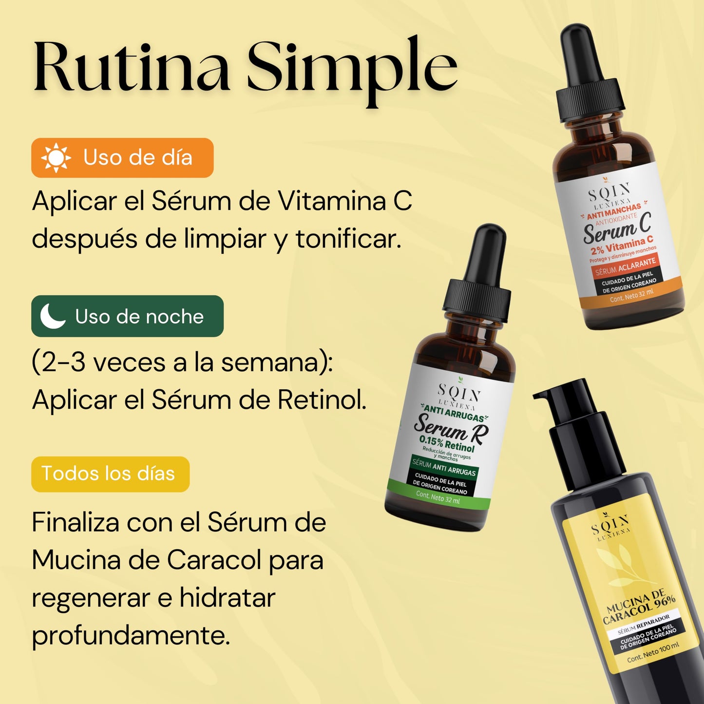 Sqin Luxiena Kit Skin Care 3 Serums Faciales Día y Noche: Vitamina C 2%, Retinol 0.15% y Baba de Caracol 96% . Hidratante Facial, Suero Facial Anti manchas con Vitamina C + E, Serum Profesional Antiarrugas + Antioxidante. Set Antienvejecimiento.