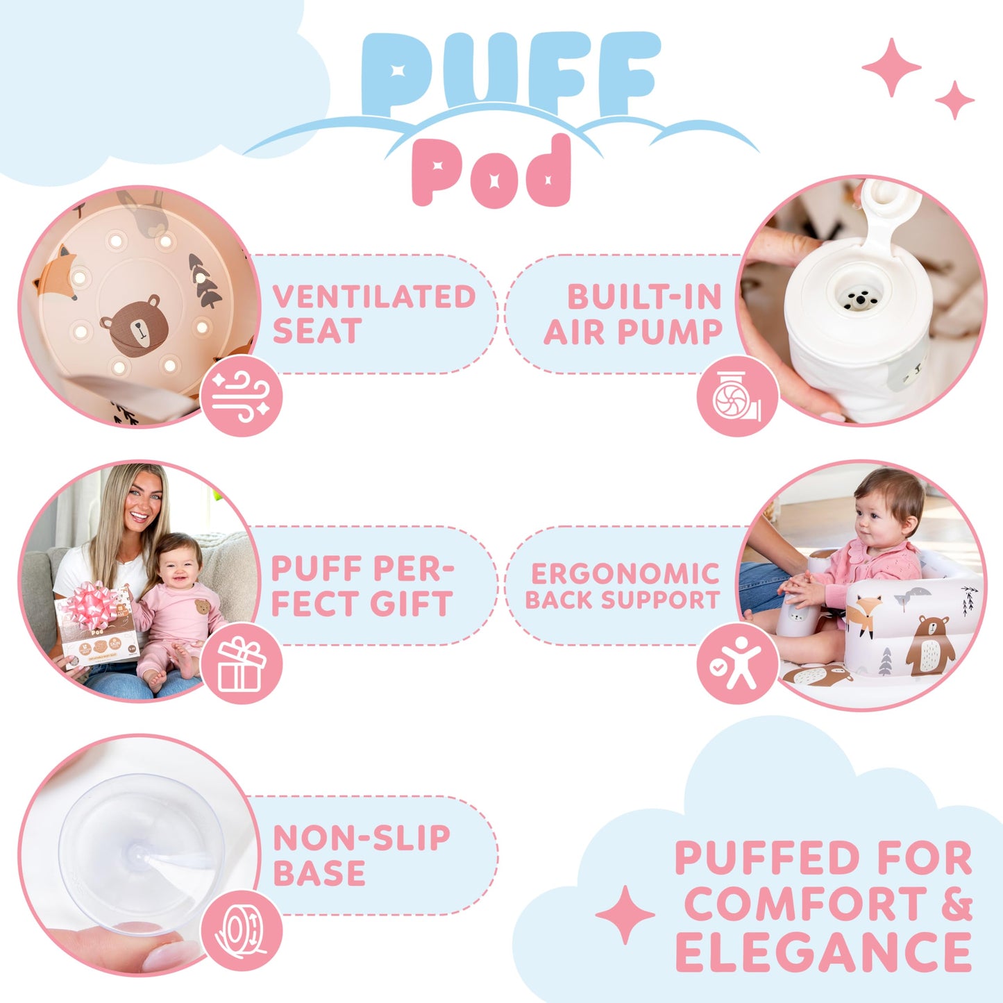 Puff Pod Asiento inflable de alta calidad para bebé con bomba integrada, silla inflable con arnés de seguridad y base antideslizante, silla de bebé para bebés de 3 a 36 meses, silla inflable portátil