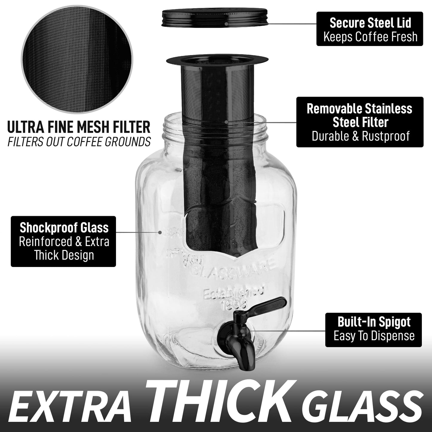 Cafetera de 1 galón con jarra de vidrio extragruesa y filtro de malla de acero inoxidable – Cafetera helada premium, jarra de cerveza fría e infusor de té – por Zulay Kitchen (negro)