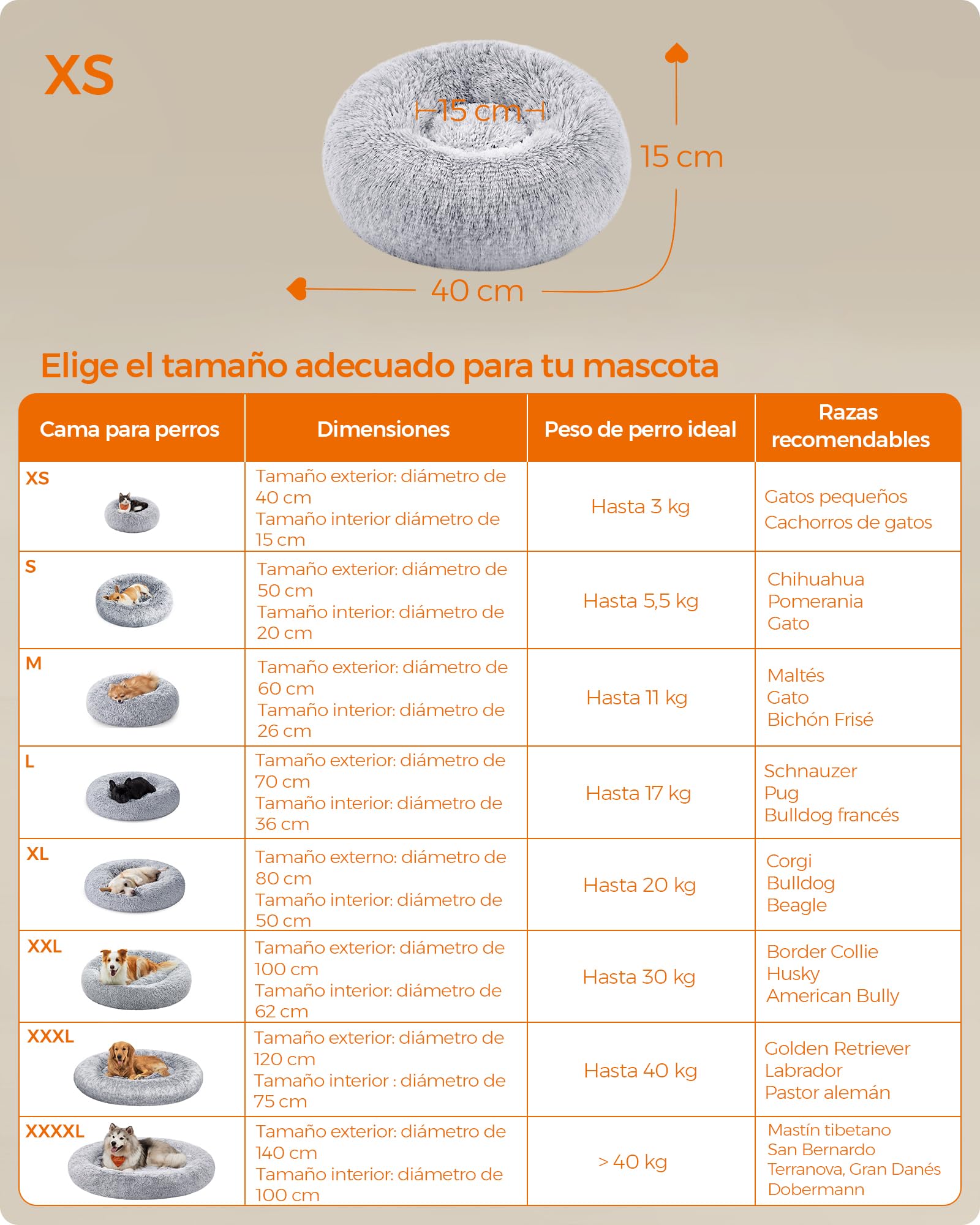 Feandrea Cama de Perros, Cama para Mascotas, Diámetro de 40 cm, Cojín Central Extraíble y Lavable, Alfombra de Felpa, Gris Ombré MPGW036G01