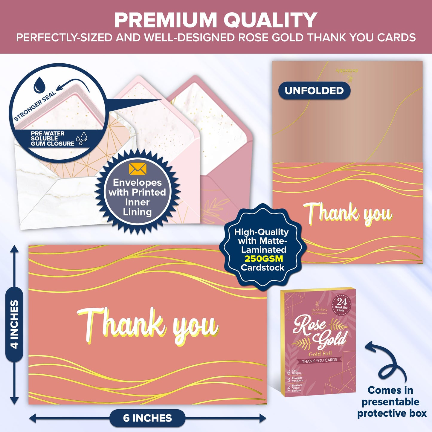 Paquete de 24 tarjetas de agradecimiento de oro rosa con sobres y calcomanías, 6 diseños en blanco dentro de tarjetas de agradecimiento rosas con sobres, tarjetas de agradecimiento de 6 x 4 pulgadas,