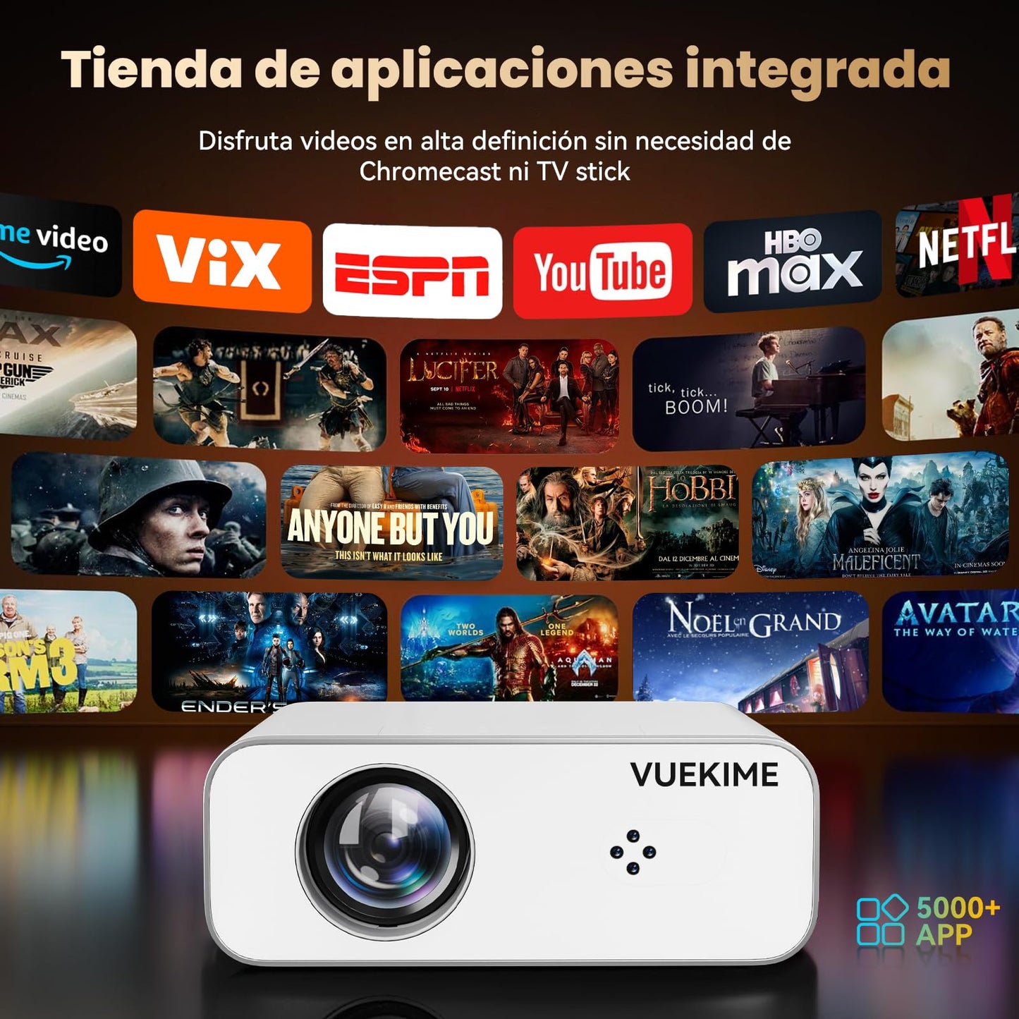 VUEKIME 【Enfoque Automático/1000ANSI】 Proyector 4K Pro Portátil, Android 12.0, Silencioso, 300 Pulgadas, 40000 Lúmenes, Soporte 4K, 2.4/5GHz WiFi 6, Bluetooth 5.2, Compatible con iOS/Android/PC/PS5
