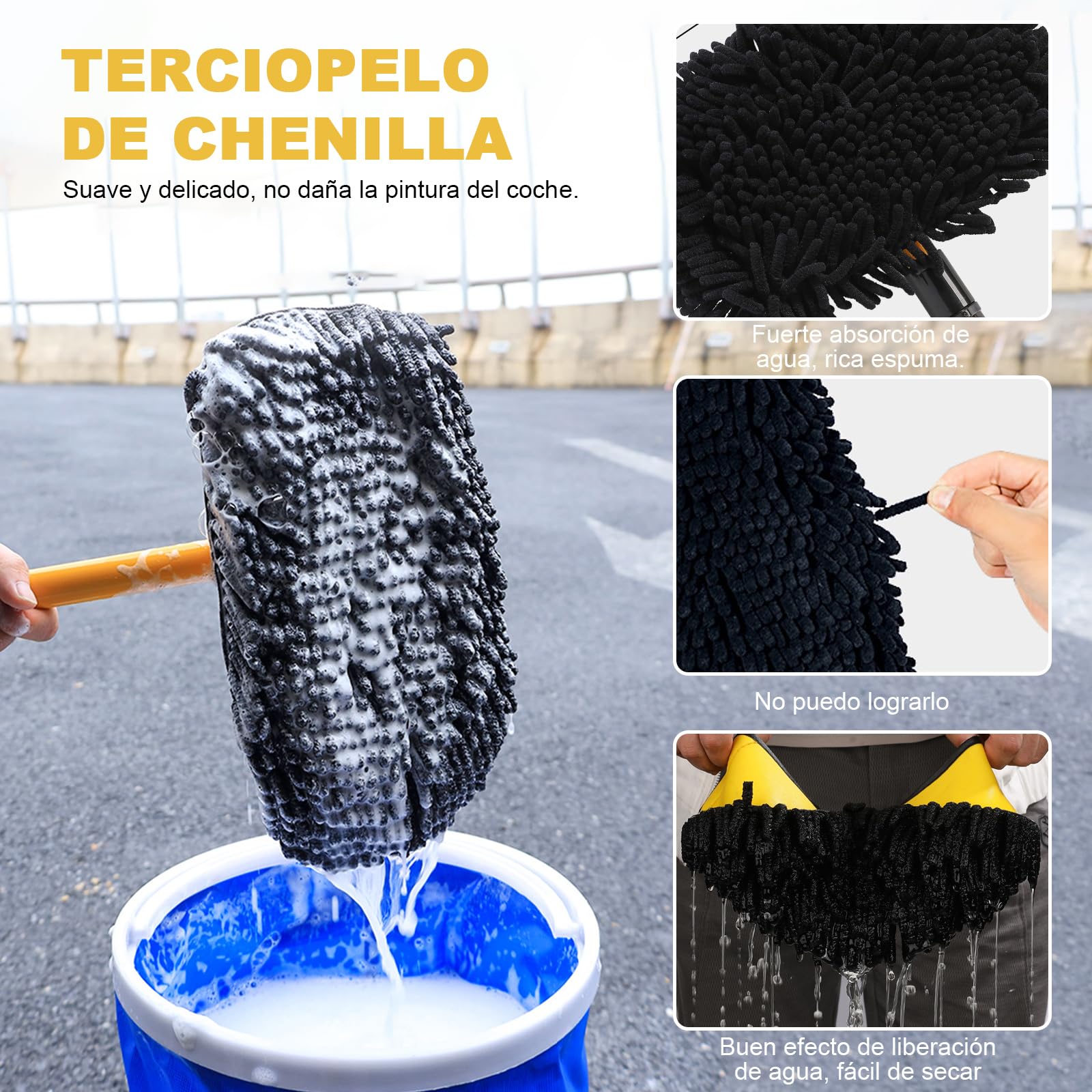 Cepillo para Lavar Carros Curvo 15° con Mango Ajustable de 102 cm, Chenilla Limpieza Auto, Pintura no Dañada, Kit de Lavado para Auto, Cristales, Ruedas, Suelos
