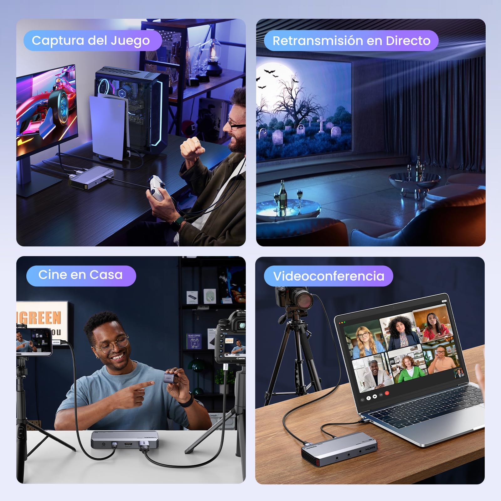 UGREEN 4K@60Hz Capturadora de Video, HDMI a USB C Tarjeta de Captura Full HD 1080P@120Hz, USB 3.0 con VRR y HDR para Transmisión, Juegos, Compatible con Switch 2, PS5 PS4 Xbox Series X/S, DSLR Camera