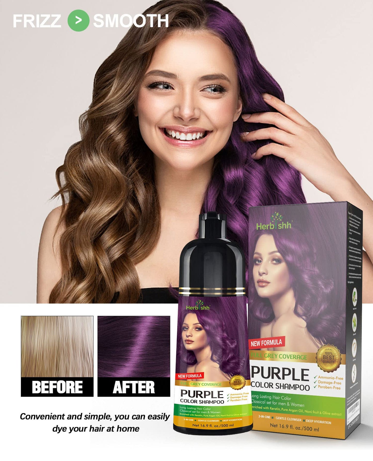 Herbishh - Champú colorante para cabello gris, champú con tinte natural para el cabello, colorea el cabello en minutos, dura hasta de 3 a 4 semanas, 500 ml, tinte de cabello 3 en 1, sin amoniaco | (morado)