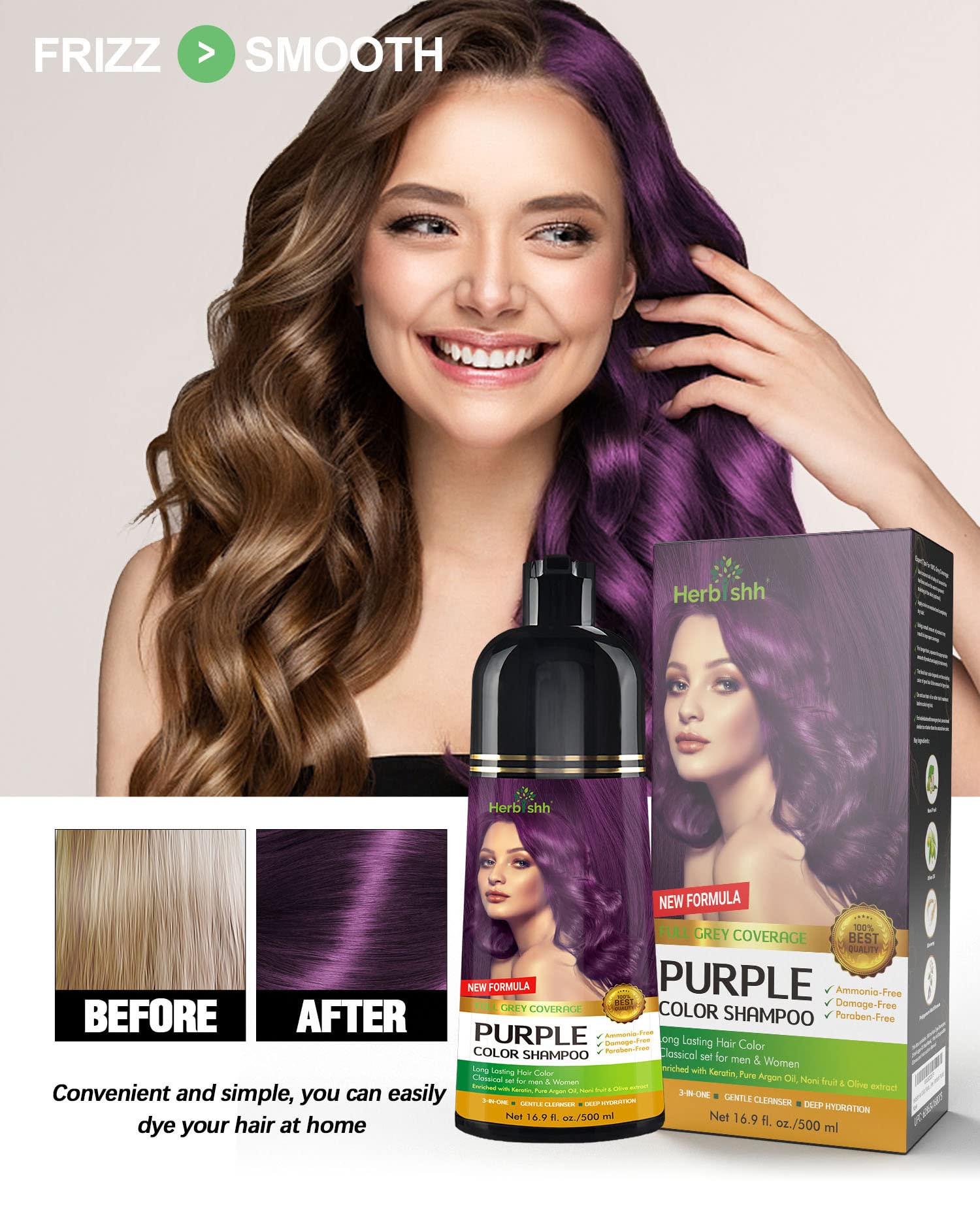 Herbishh - Champú colorante para cabello gris, champú con tinte natural para el cabello, colorea el cabello en minutos, dura hasta de 3 a 4 semanas, 500 ml, tinte de cabello 3 en 1, sin amoniaco | (morado)