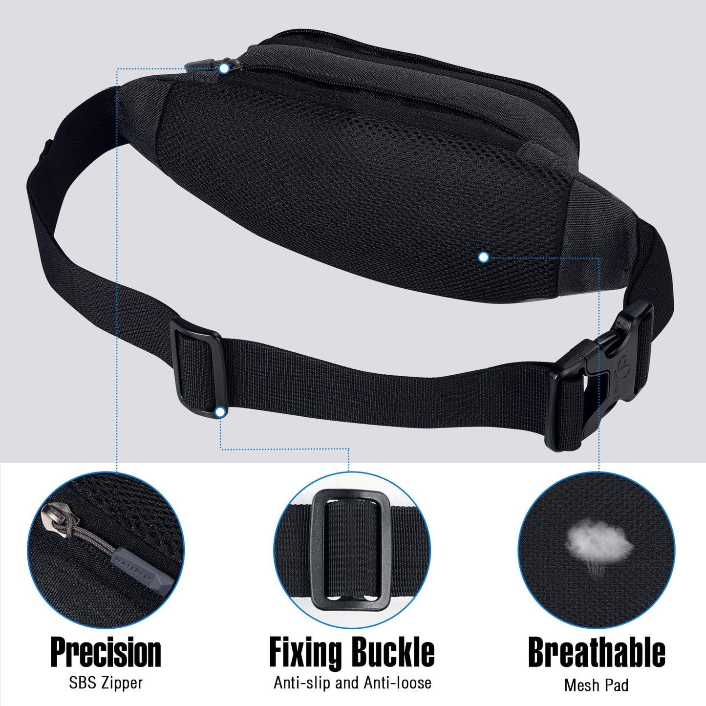Riñonera Deportiva WATERFLY Negra con Cinturón Extendido para Mujer y Hombre