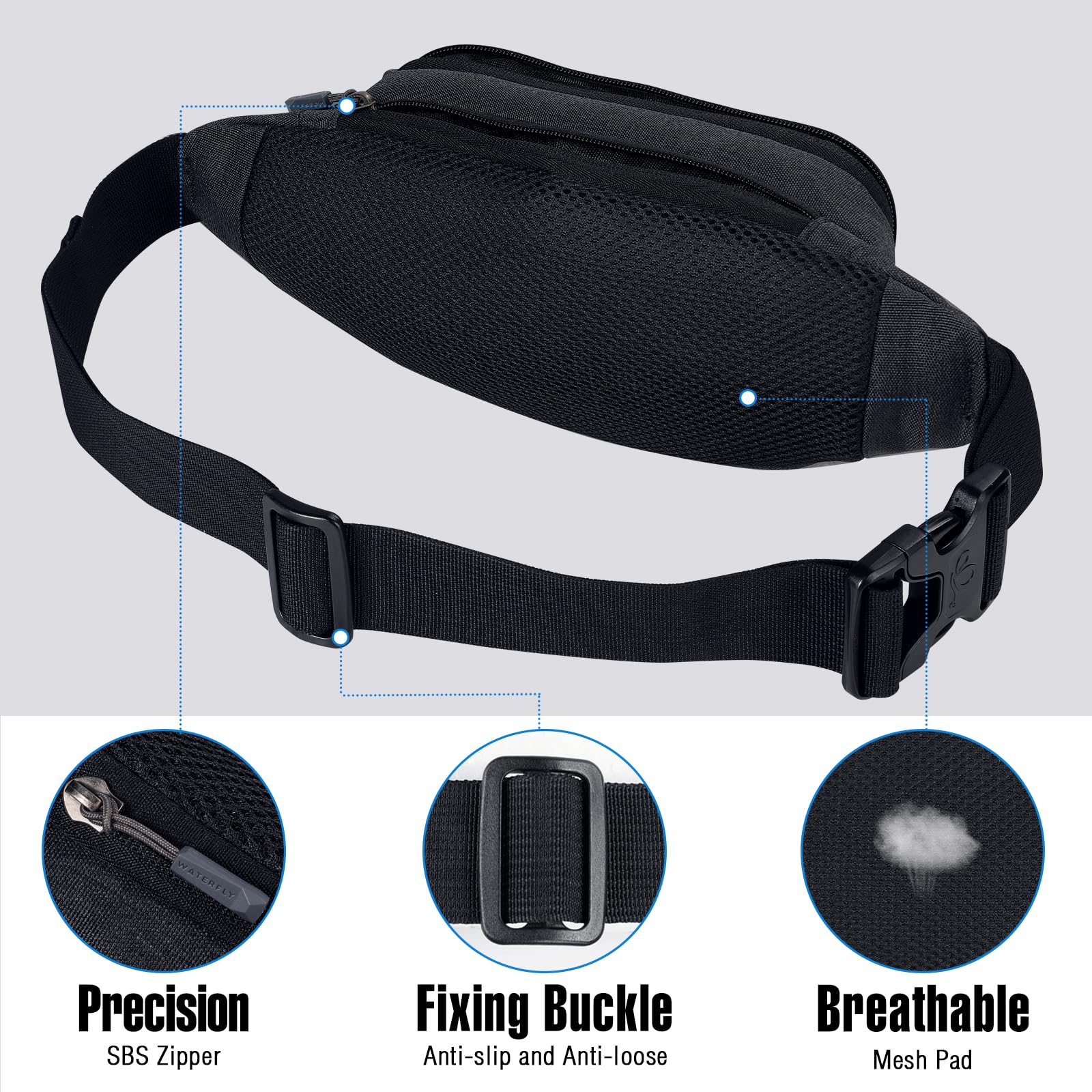 Riñonera Deportiva WATERFLY Negra con Cinturón Extendido para Mujer y Hombre
