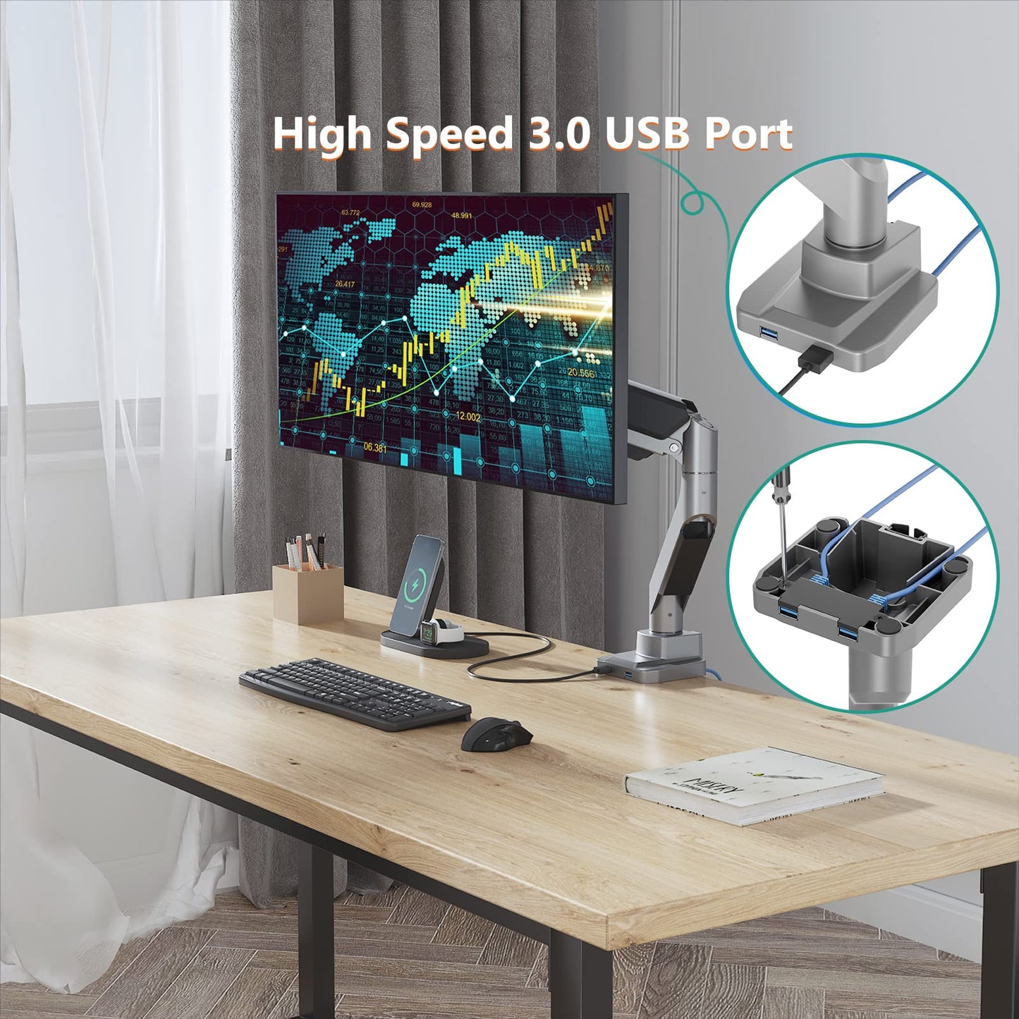 Brazo de Monitor WALI Plateado Ultrawide para Pantallas Curvadas de 13 a 49 Pulgadas con Puertos USB 3.0