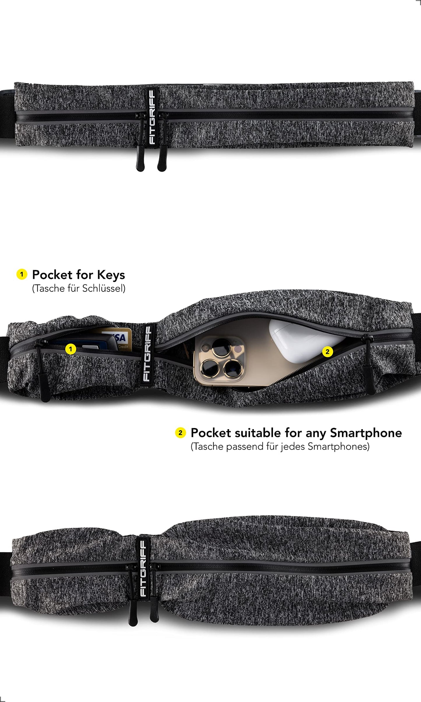 Fitgriff® - Cinturón de correr para hombres y mujeres, bolsa de correr segura para teléfono, llaves y esenciales, para todos los teléfonos celulares, Gris, Small - Medium, Corte entallado