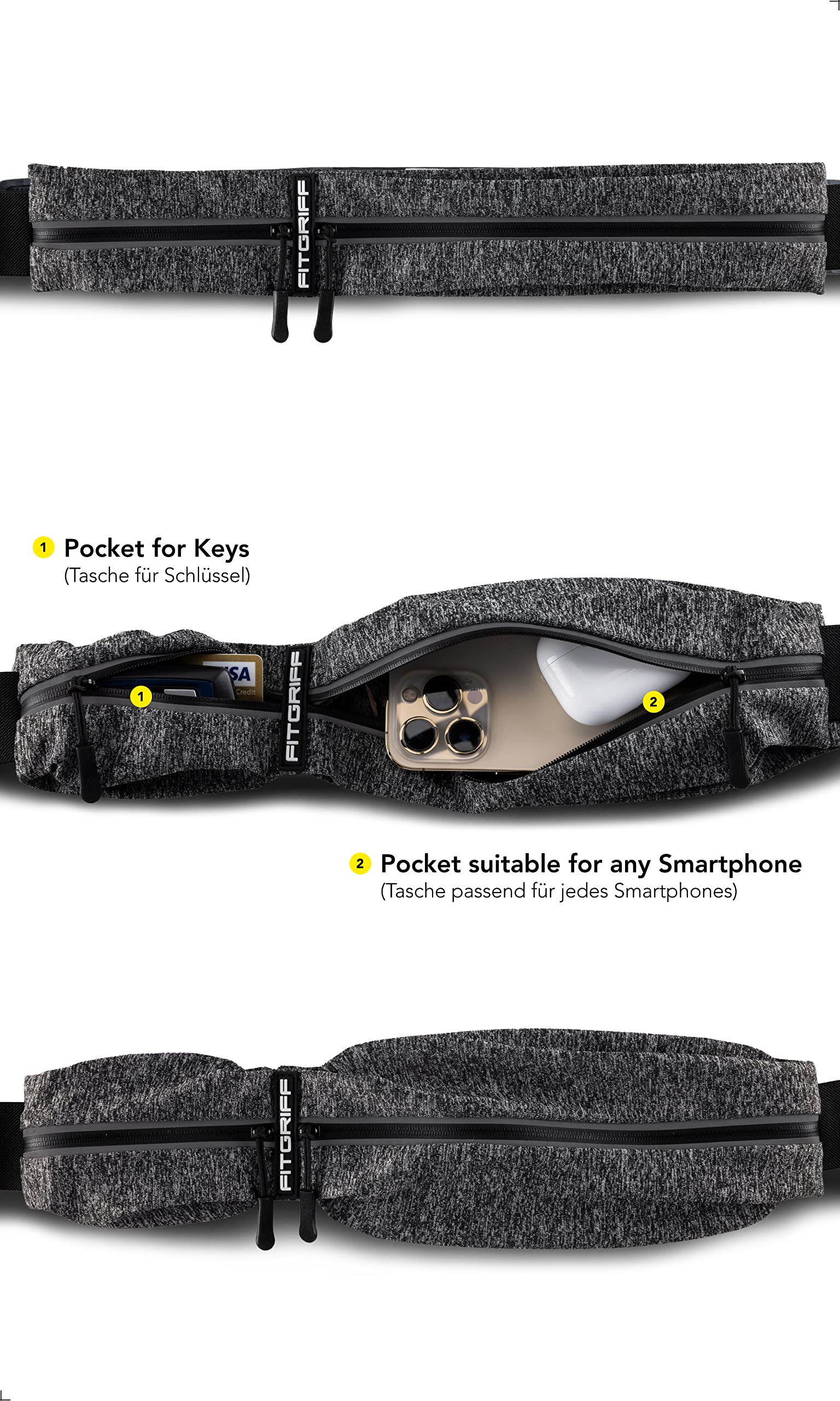 Fitgriff® - Cinturón de correr para hombres y mujeres, bolsa de correr segura para teléfono, llaves y esenciales, para todos los teléfonos celulares, Gris, Small - Medium, Corte entallado