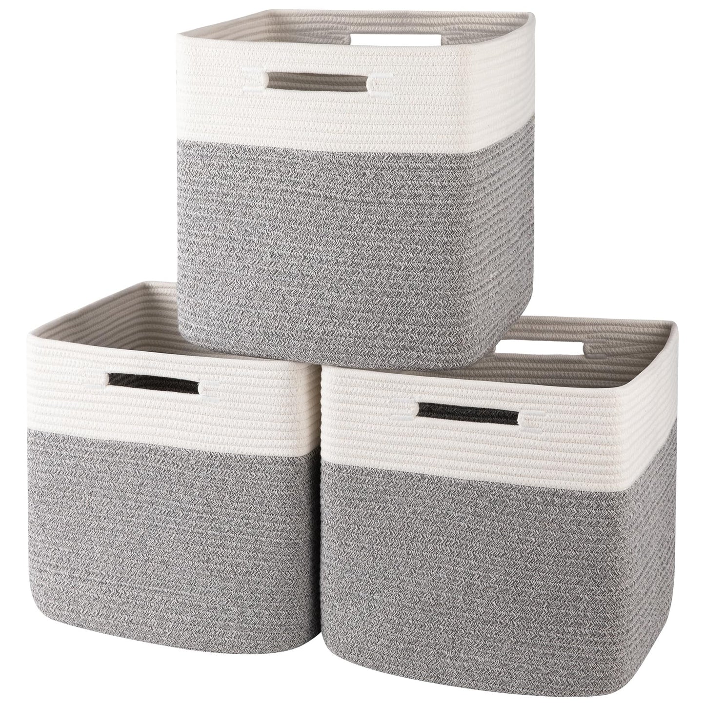 OIAHOMY - Cestas tejidas de cuerda de algodón para organizar 3 unidades de 13 x 13 x 12.6 pulgadas, cestas rectangulares de almacenamiento para ropa, cestas de almacenamiento para niños, sala de