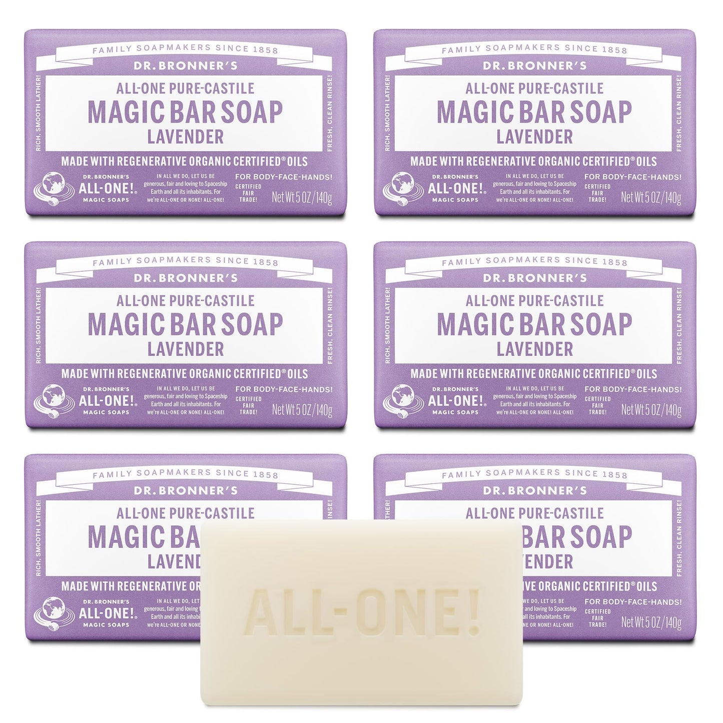 Dr. Bronner's | Jabón de castilla orgánico en barra, fórmula concentrada, relajación aromática y equilibrio natural, con aceite esencial de Lavanda, aroma Lavanda (6 pack)