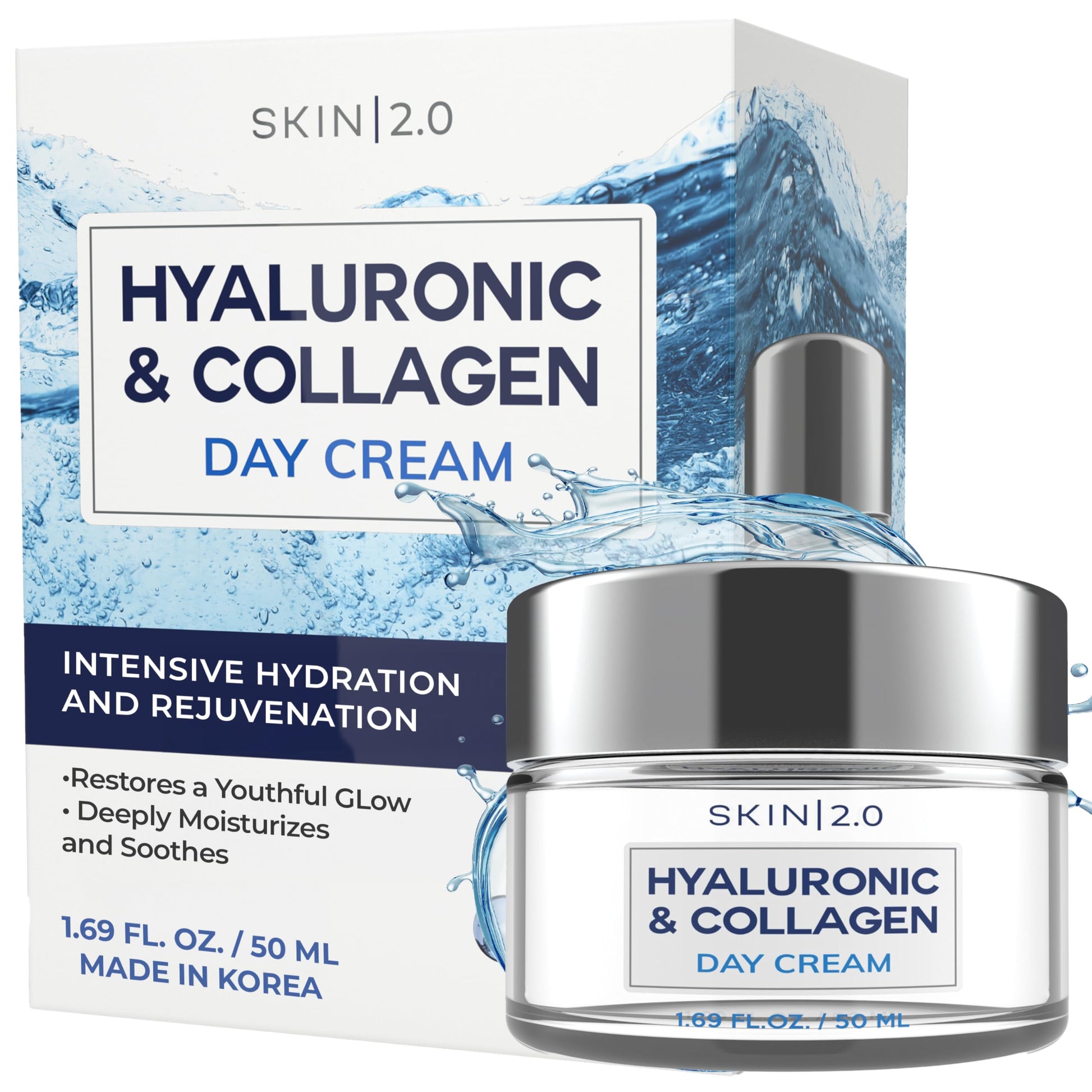Skin 2.0-Hidratante facial con ácido hialurónico y colágeno: probado por dermatólogos, antienvejecimiento, restaura la elasticidad, hidratante, belleza limpia, sin crueldad animal.