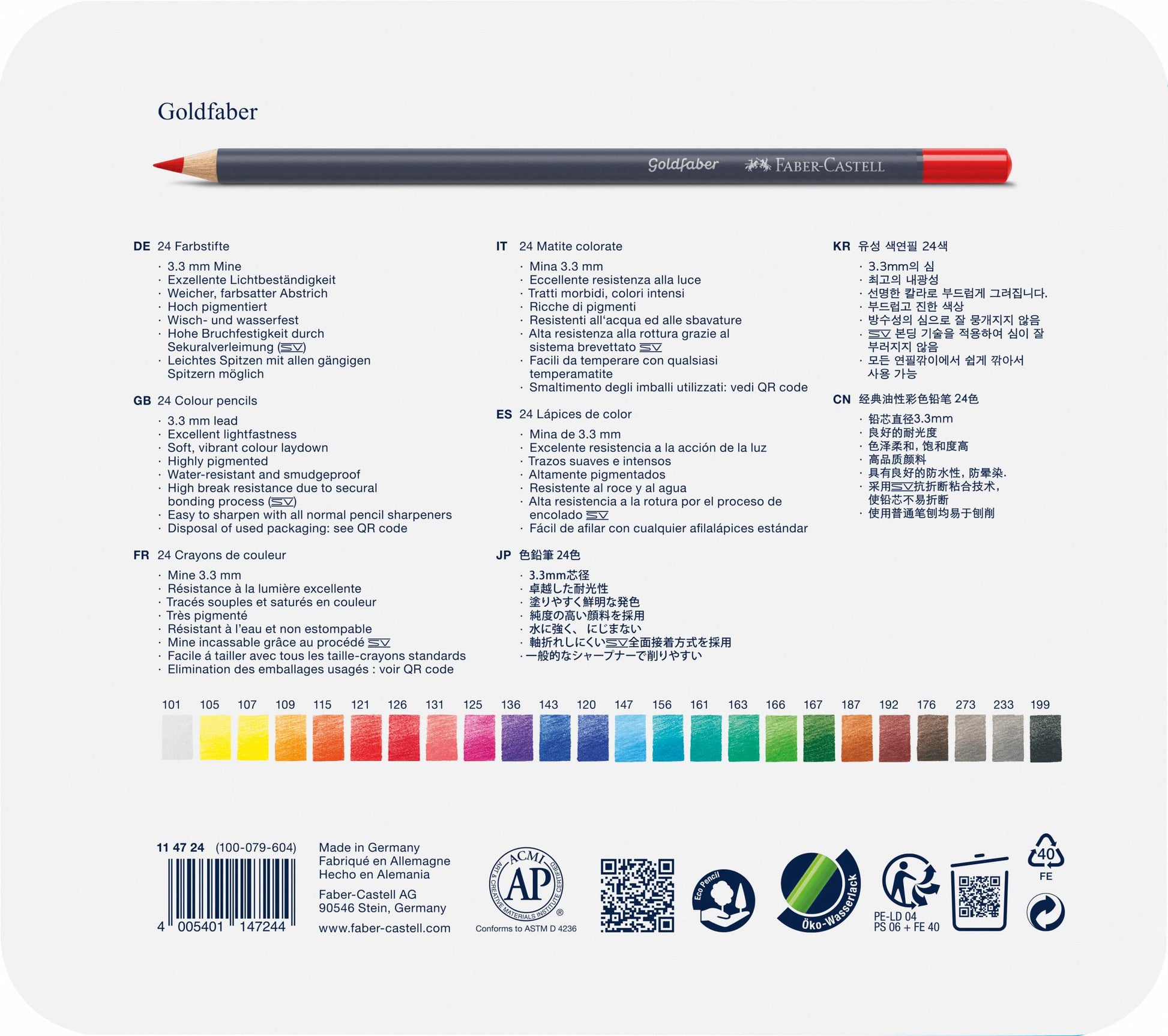 Faber-Castell Colores Goldfaber para Arte con 24 colores elaborados con excelente resistencia a la luz y a caídas, son ideales para artistas profesionales y aficionados que buscan proyectos creativos