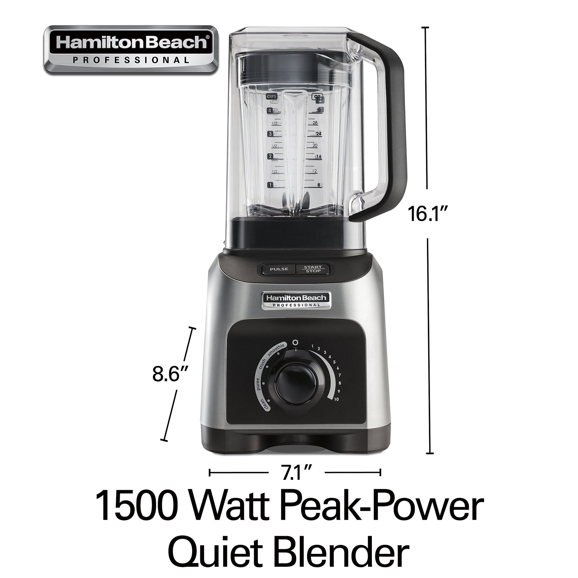 Hamilton Beach Licuadora profesional de 1500 W, silenciosa con jarra de 32 oz sin BPA y 4 programas, plateado (58870)
