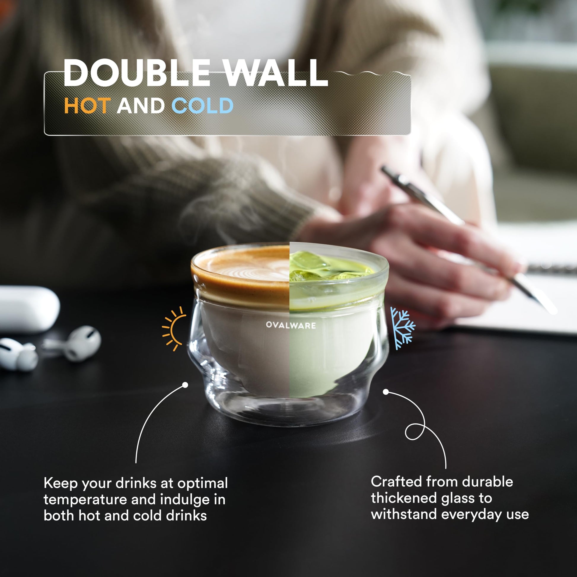 Juego de Vasos de Café ovalware Blanco con Doble Pared de 8.5 Onzas para Bebidas Frías y Calientes