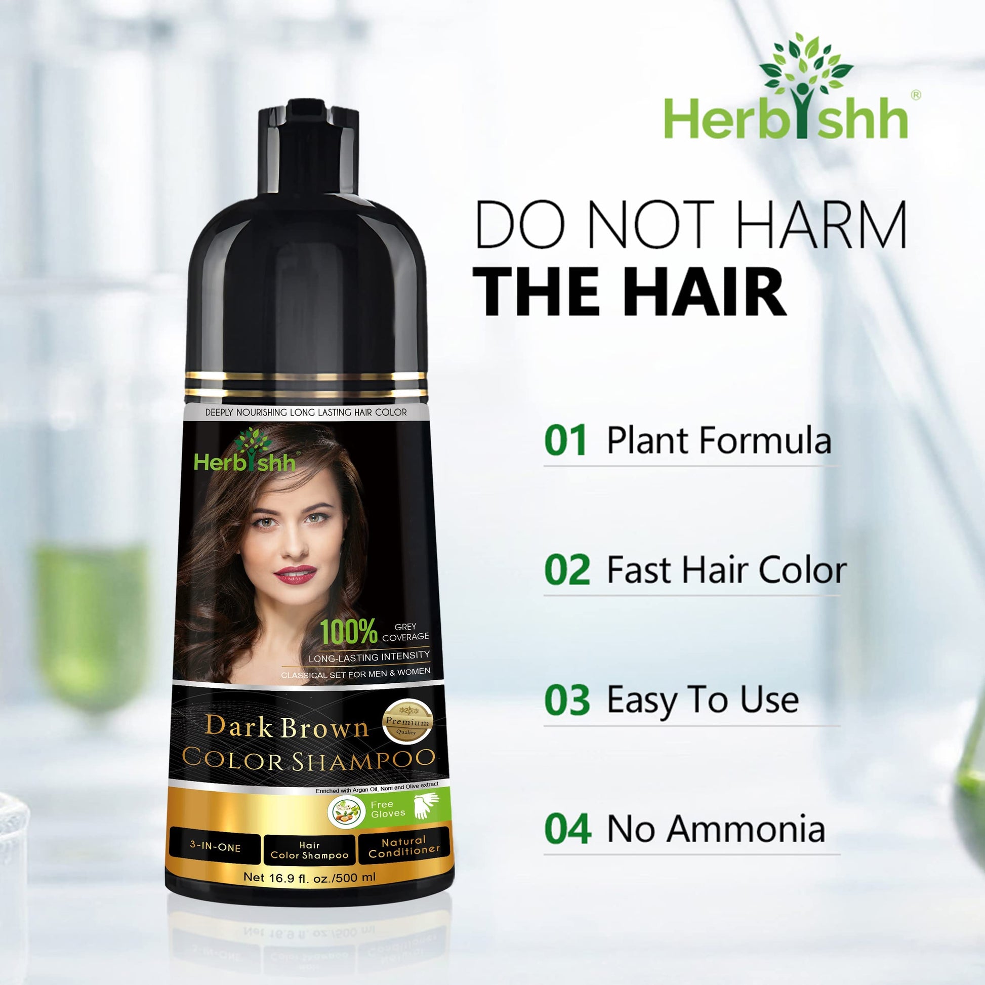Herbishh - Champú colorante para cabello gris, champú con tinte natural para el cabello, colorea el cabello en minutos, dura hasta de 3 a 4 semanas, 500 ml, tinte de cabello 3 en 1, sin amoniaco | (marrón oscuro)
