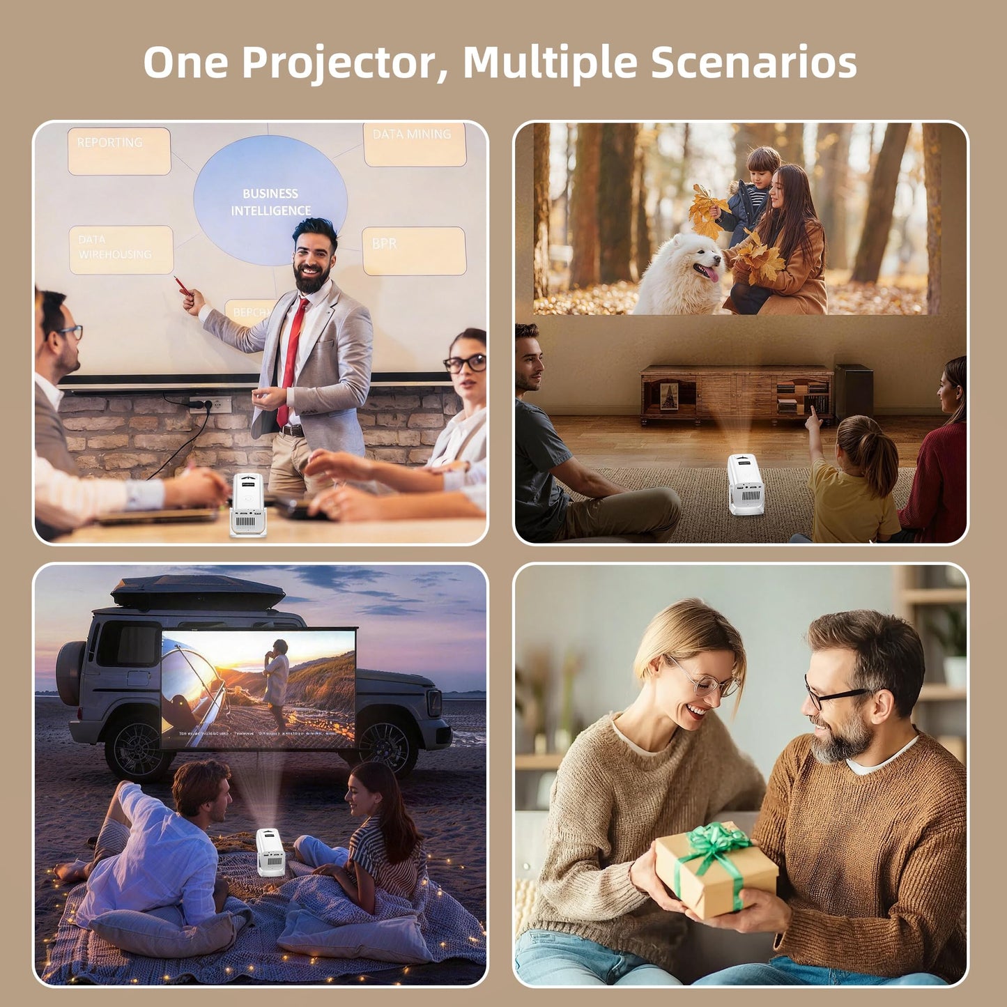 Sainyer Mini Proyector Portátil 4K y Full HD 1080P, Proyector de Rotación de 270°, Compatible con Smartphone, TV Stick, PS4, HDMI, USB (Sin WiFi o Bluetooth), Color Marfil
