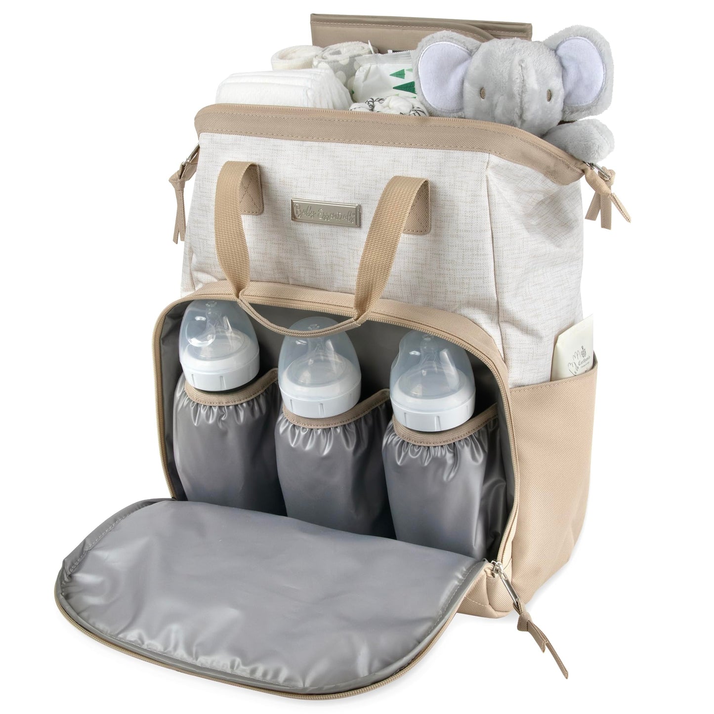 Baby Essentials - Mochila de pañales con marco principal súper enfriadora con cambiador, correas para carriola, compartimento aislado para botellas