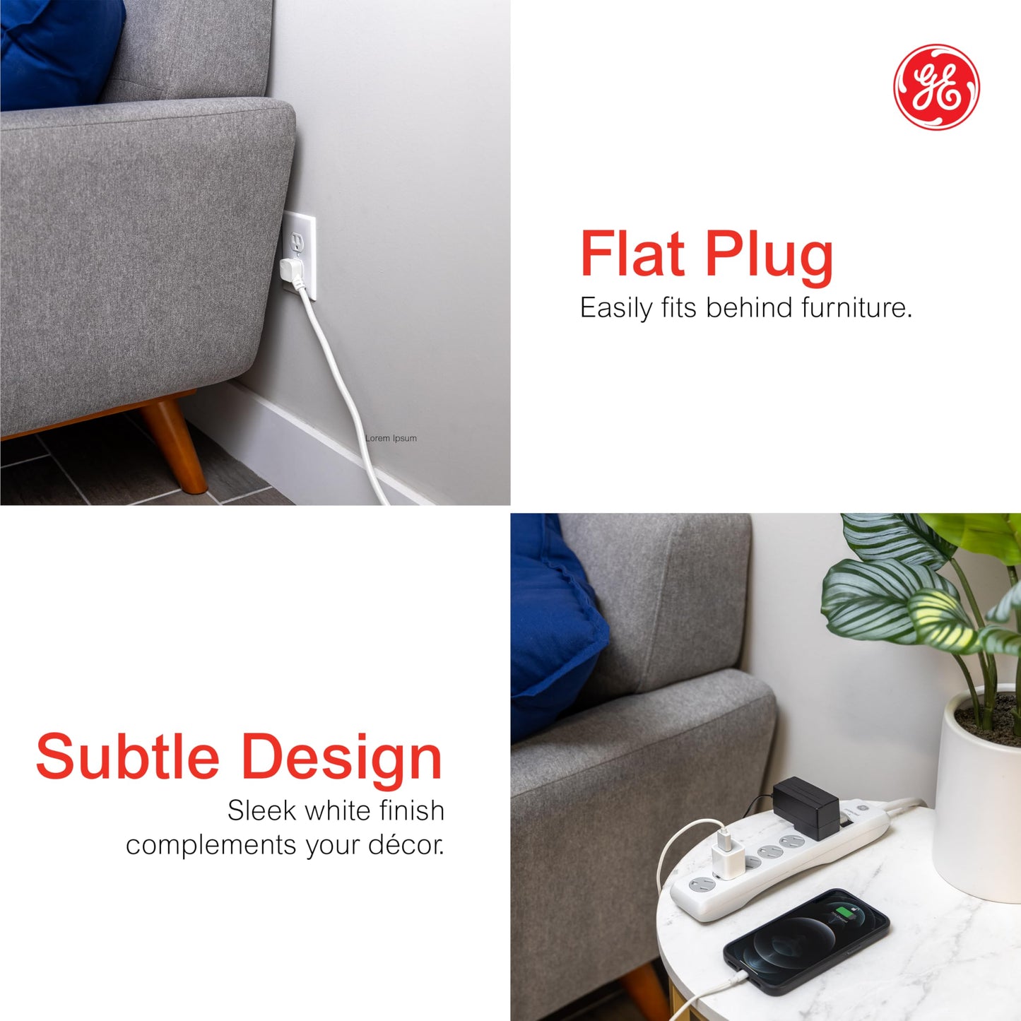 GE Tira Multicontactos De 6 Salidas con Supresor De Picos Y Enchufe Plano, Cable De Extensión De 6.0 Metros (20 Pies), 800 Julios, Cubiertas De Seguridad con Giro para Cerrar, Blanco, 1 Unidad, 50770