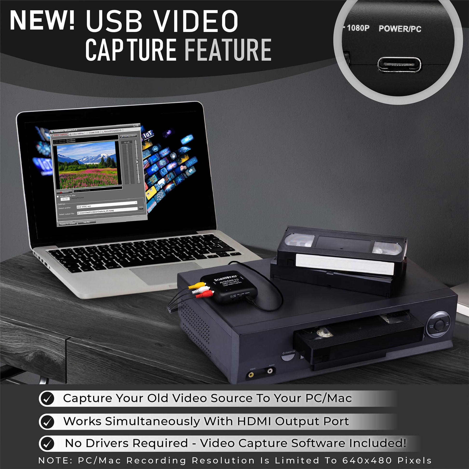 SoundBeast Convertidor y grabadora AV a HDMI 2.0 - AV RCA compuesto a 1080P HDMI TV Upscaler - para VCR, VHS, DVD, videocámara, Hi8, juegos - Relación de aspecto 4:3 - Captura de vídeo USB