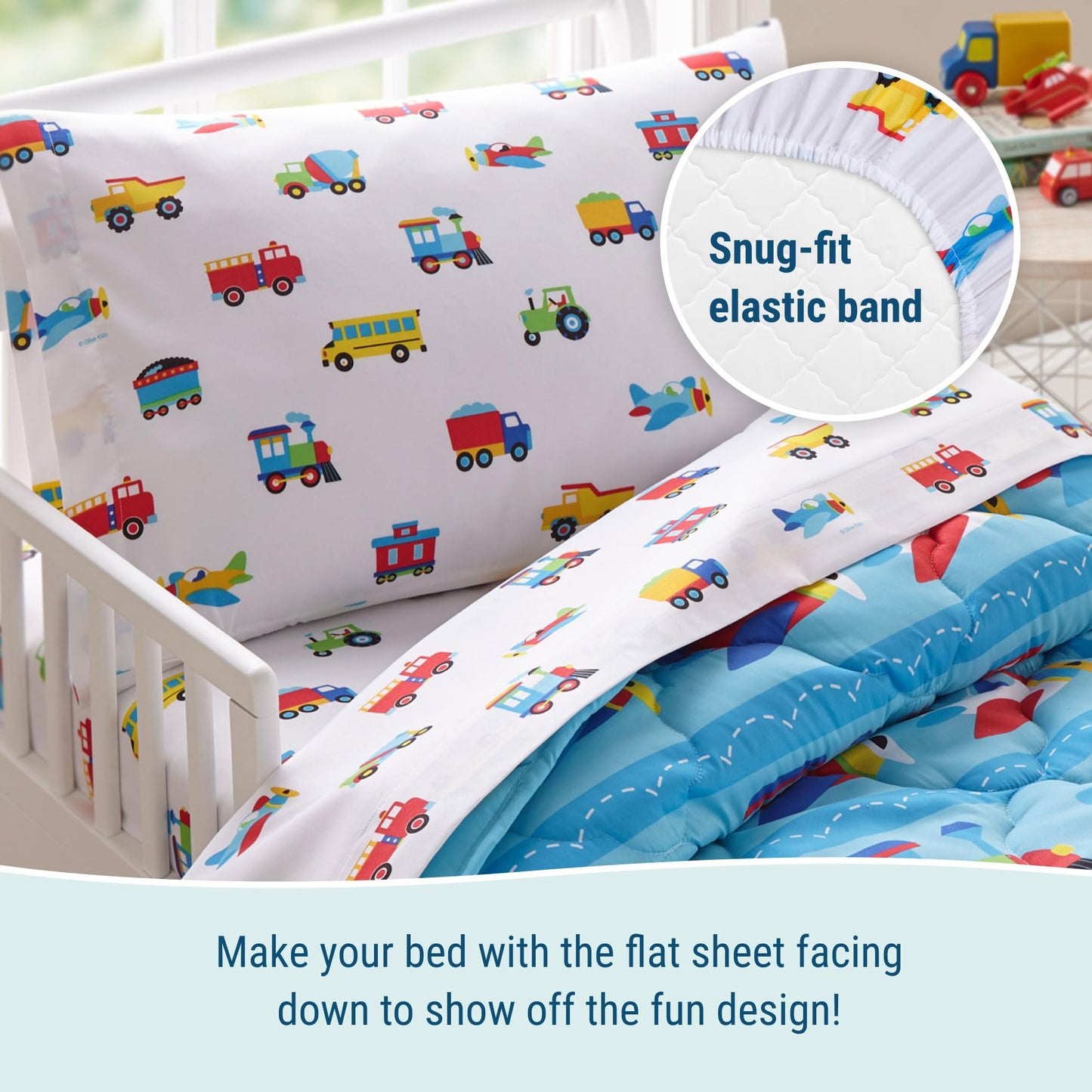 Wildkin Cama infantil de 4 piezas en una bolsa para niños y niñas, juego de ropa de cama de microfibra incluye edredón, sábana encimera, sábana bajera y una funda de almohada (trenes, aviones y camiones)
