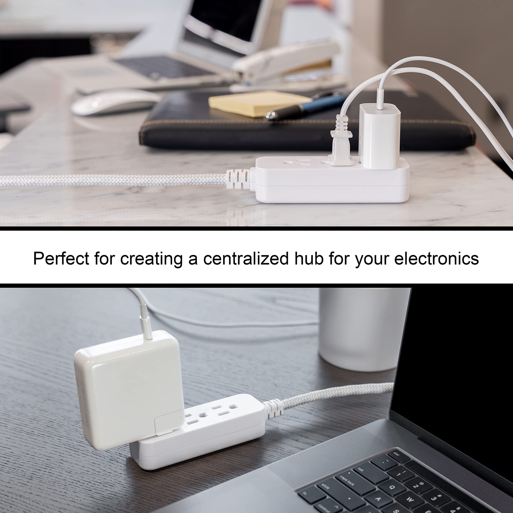 GE Pro Tira Multicontactos De 3 Salidas con Supresor de Picos, Enchufe Plano, Cable De Extensión Trenzado De 2.4 m (8 Pies) 250 Julios, Conectado a Tierra Certificacion UL, Blanco/Gris, 1 Unidad 38433