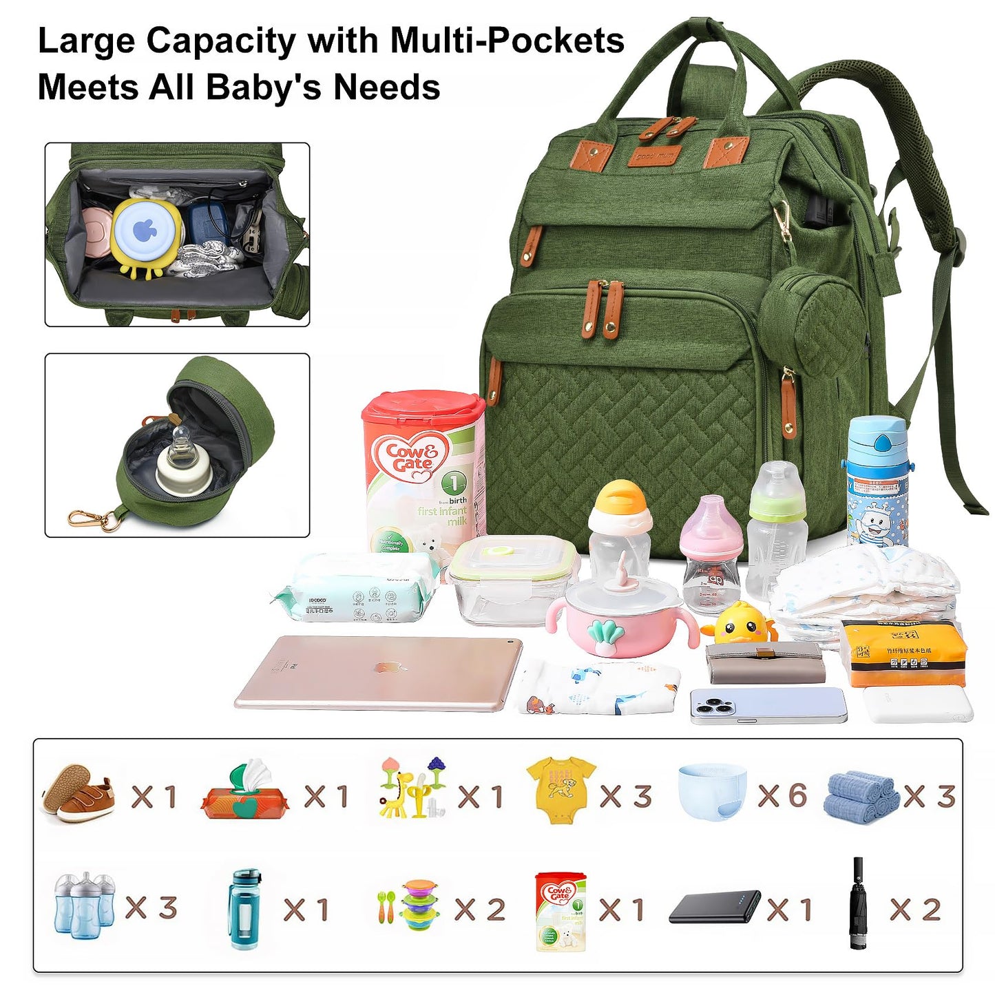 AHNTTGS - Bolsa de pañales con estación cambiadora, mochila de pañales de gran capacidad para mamás papás con puerto de carga USB, mochila impermeable para pañales (verde militar)