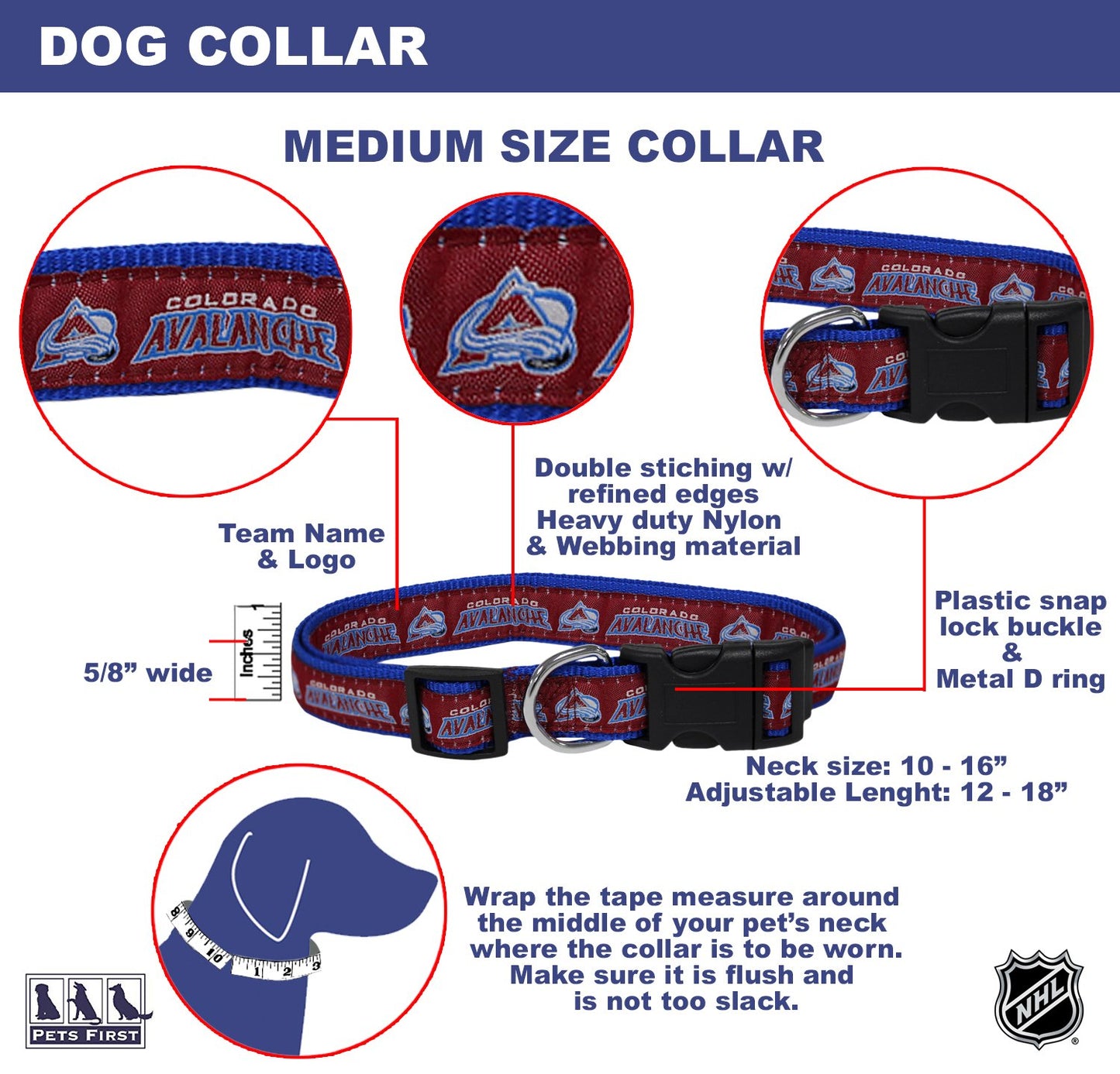 Collar Nailon Mediano Pets First Azul con Hebilla Desenganche rápido para Perro y Gato de la NHL Colorado Avalanche