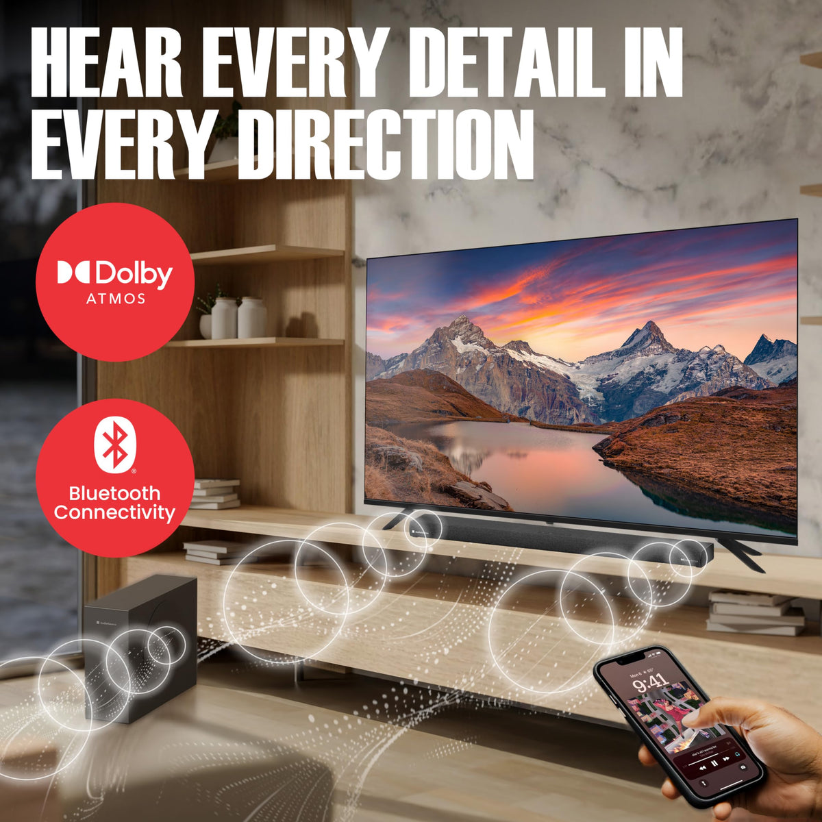 Barra de Sonido Audiosource Negra con Subwoofer Inalámbrico y Dolby Atmos para Smart TV