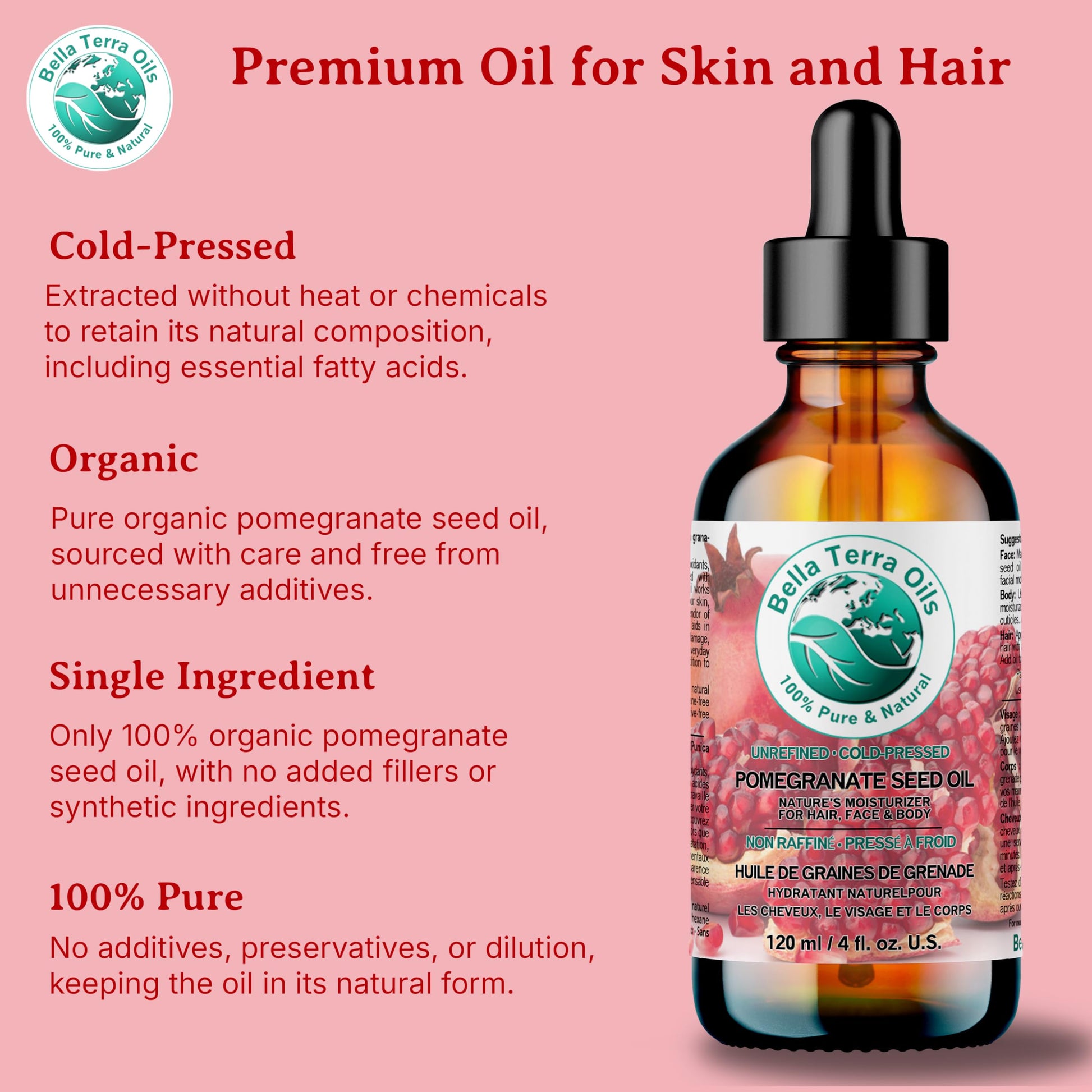 Pomegranate Seed Oil 8 oz 100% Pure Cold-pressed Unrefined Organic - Bella Terra Oils