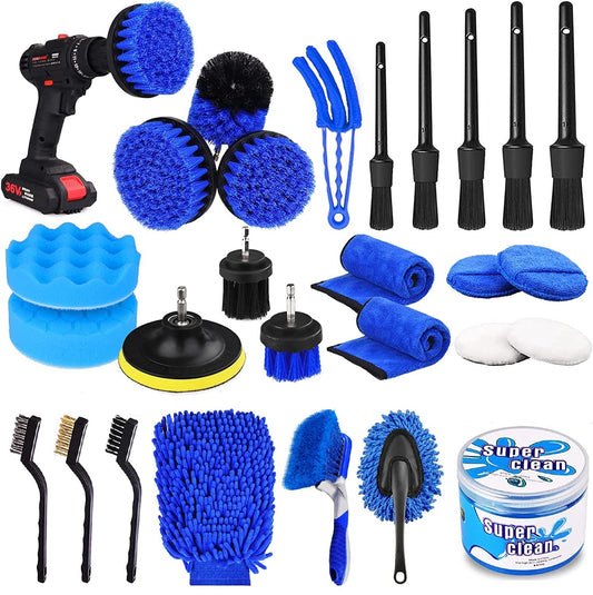 Korins Juego de Cepillos para Limpieza de Coches, 27PCS Kit de Cepillo de Limpieza de Llantas de Coche, Juego de Cepillos para Taladro, Kit de Lavado para Interior, Exterior y Ruedas
