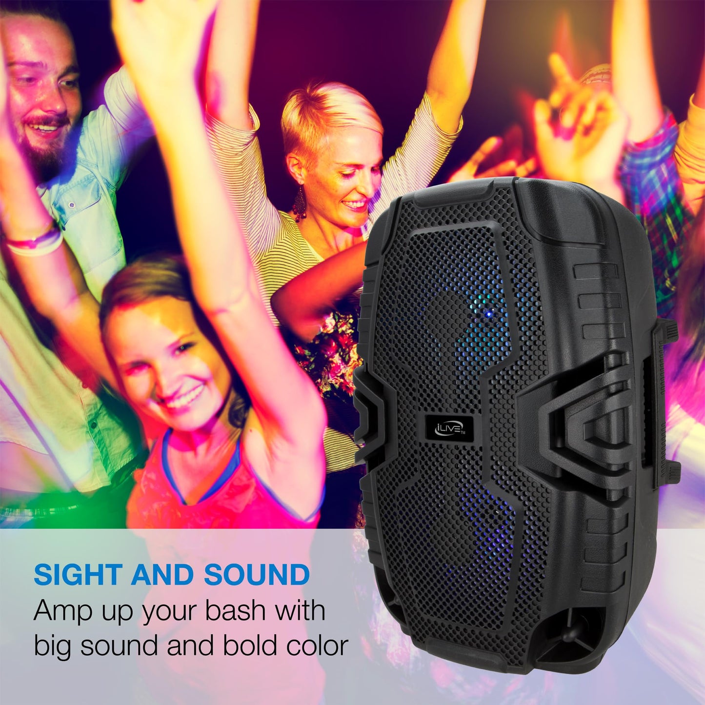 iLive Electronics - Altavoz inalámbrico para Fiesta de portón Trasero, Efectos de luz LED, asa de Transporte, Color Negro (ISB250B)