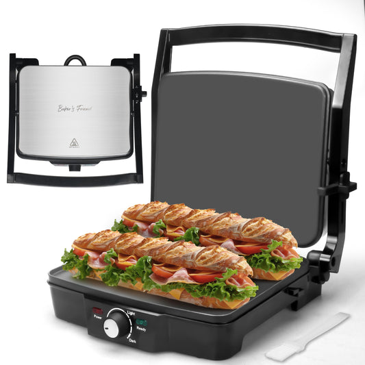 Baker's Friend Panini Press - Plancha eléctrica Panini, prensa para sándwicheros, máquina de queso a la parrilla, sándwichera eléctrica, control de dorado, superficies antiadherentes, 4 rodajas, acero