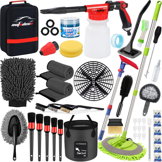 AUTODECO - Juego de limpieza para el lavado de coches con pulverizador de espuma, trapeador con mango largo, cubeta plegable, manopla grande, toallas, 44 piezas, negro