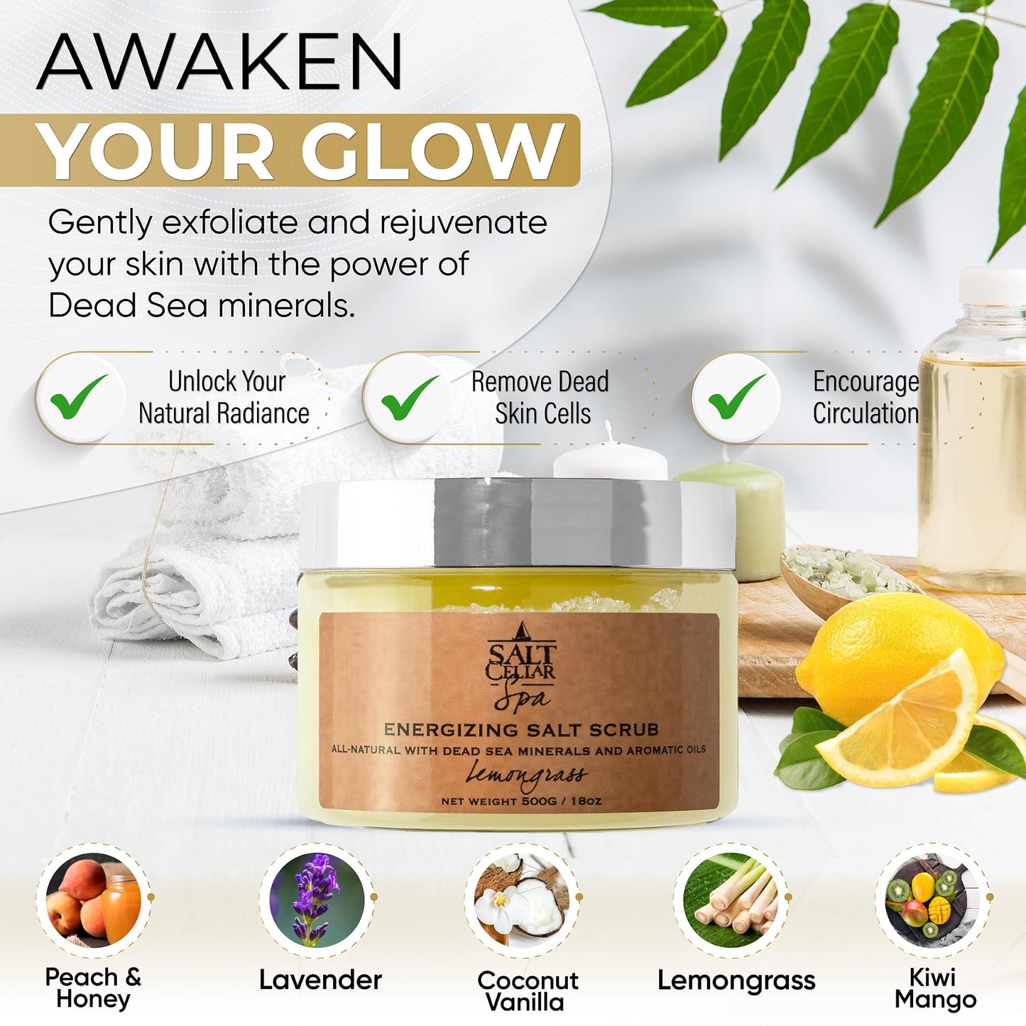 Exfoliante de Sal de Mar Muerto Salt Cellar Melocotón y Miel Energizante Orange