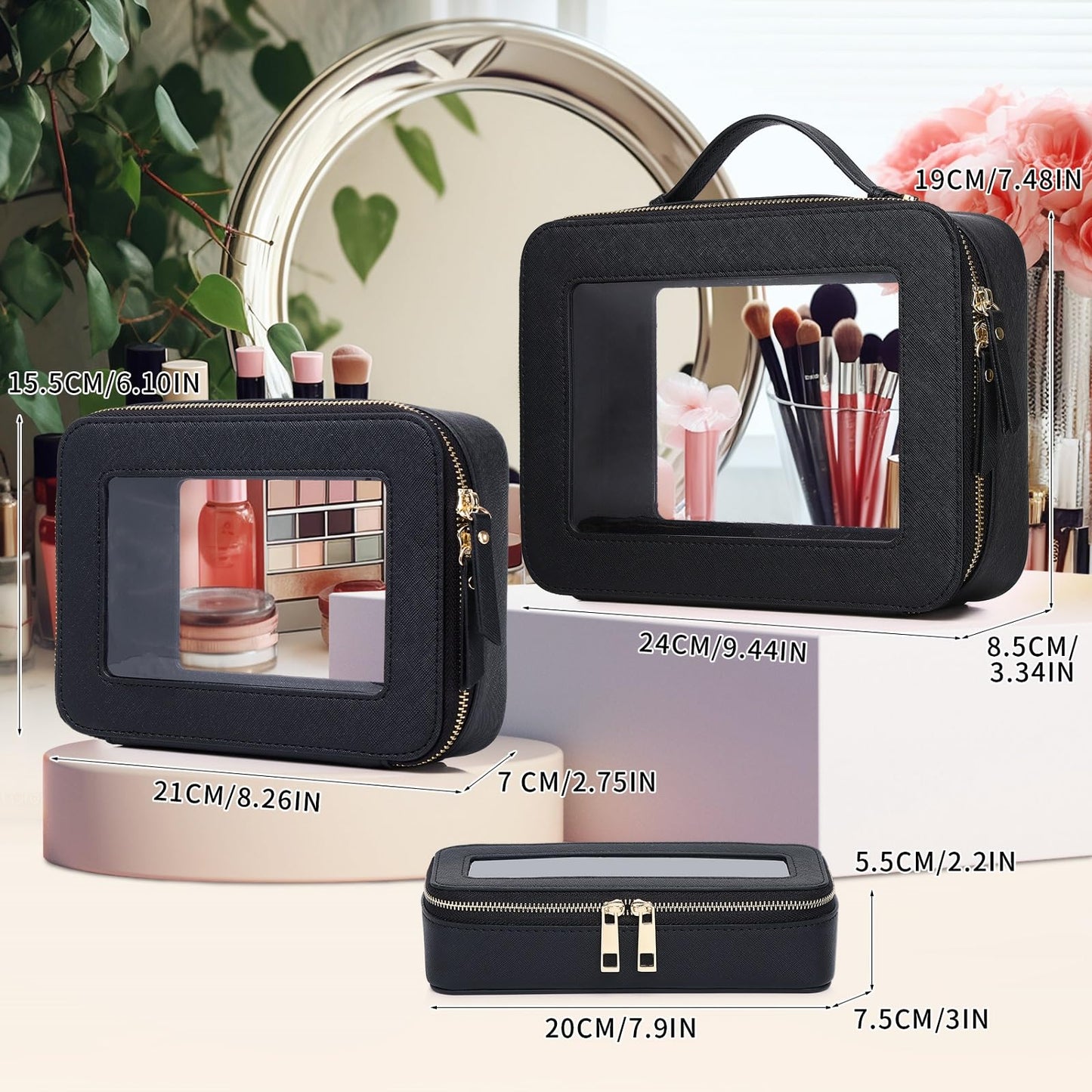 Pinkmik - Estuche para brochas de maquillaje transparente de viaje y neceser, bolsa de maquillaje pequeña con cierre, organizador para mujer, B5/Negro, L+M+SLIM