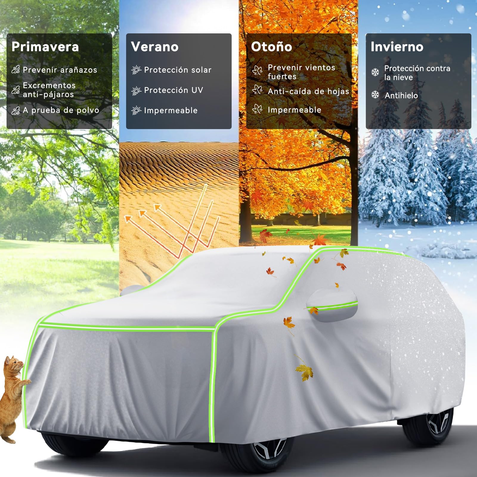 AUTODIAG Cubierta para Auto SUV,520x200x180CM Funda Impermeable con Forro ALGODÓN,Cremallera y Cintas Reflectante,Anti-UV,Anti-Nieve,Antiarañazos,Ideal para Exteriores(Plata)