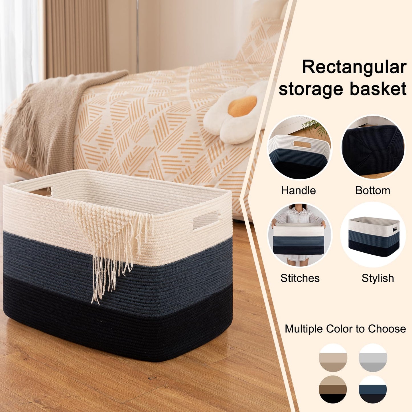 OIAHOMY - Cesta de manta súper grande de 108 litros, 25 x 16 x 16 pulgadas, cestas tejidas rectangulares para almacenamiento, cesta de cuerda de algodón para sala de estar, almacenamiento de juguetes