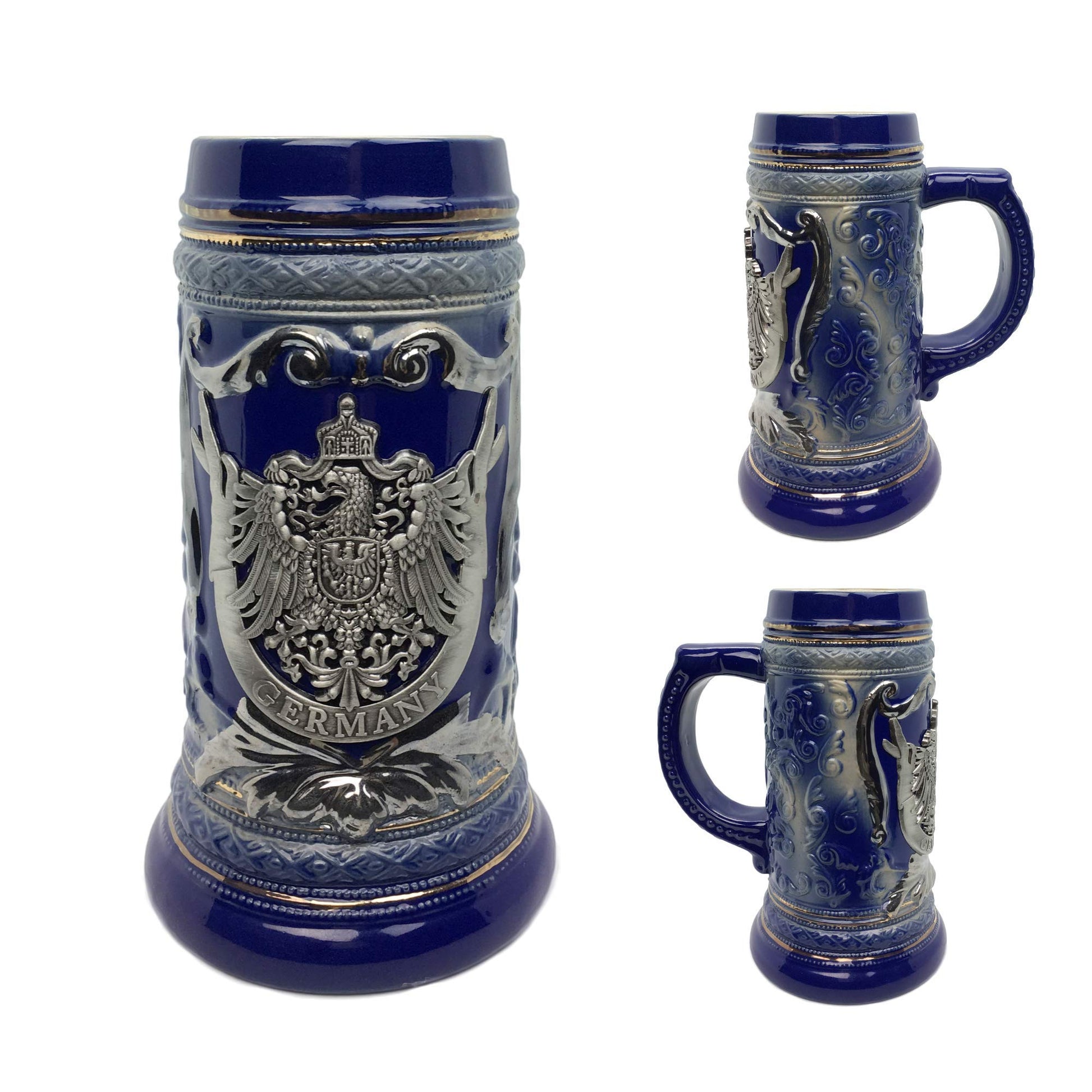 Taza de Cerveza OktoberfestHaus Azul Cobalto con Emblema de Metal para Hombre