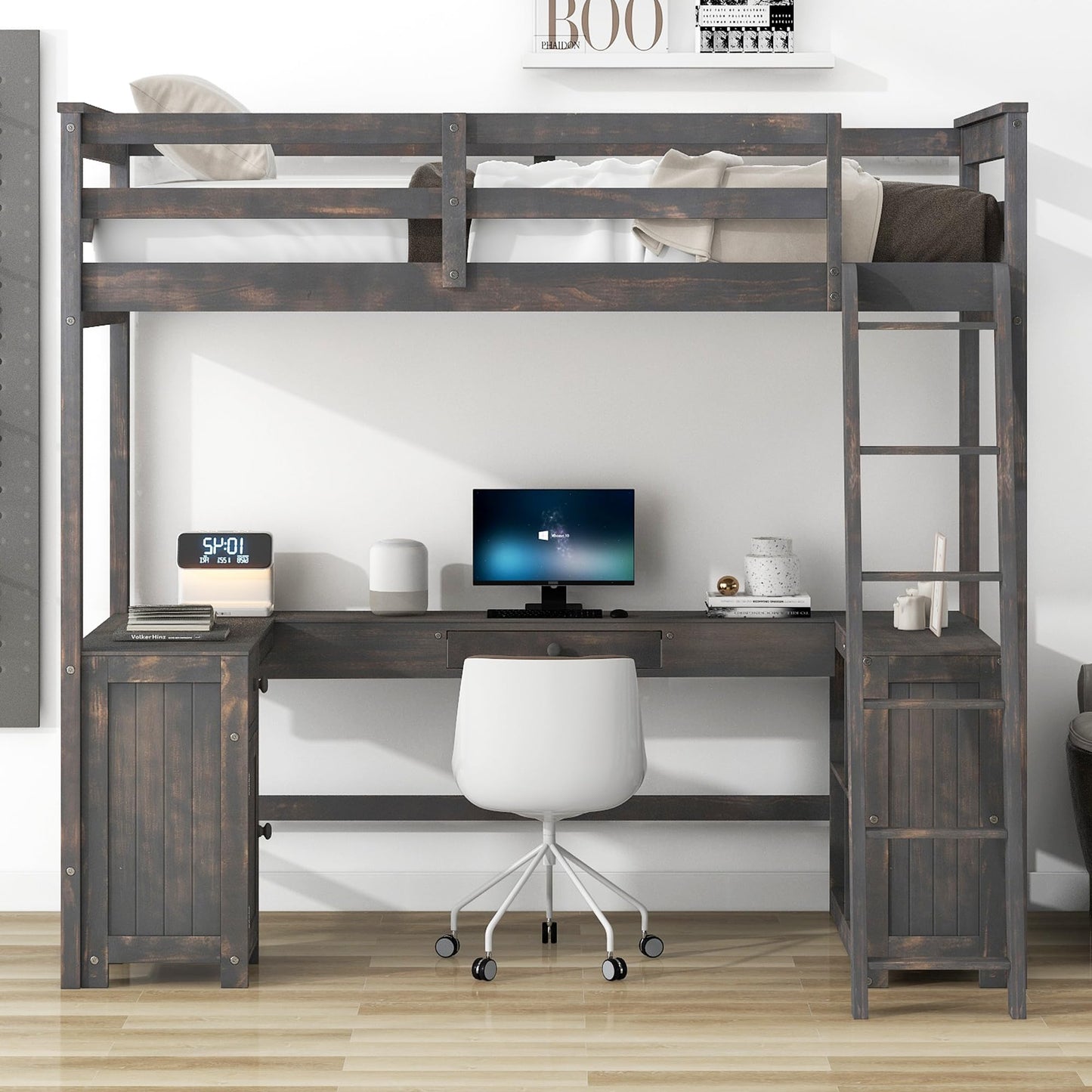 YOPTO - Cama Tipo Loft de tamaño Individual con 2 cajones y estantes de Almacenamiento, Marco de Cama de Madera con computadora en Forma de U y barandillas de Longitud Completa, Escalera, Muebles de
