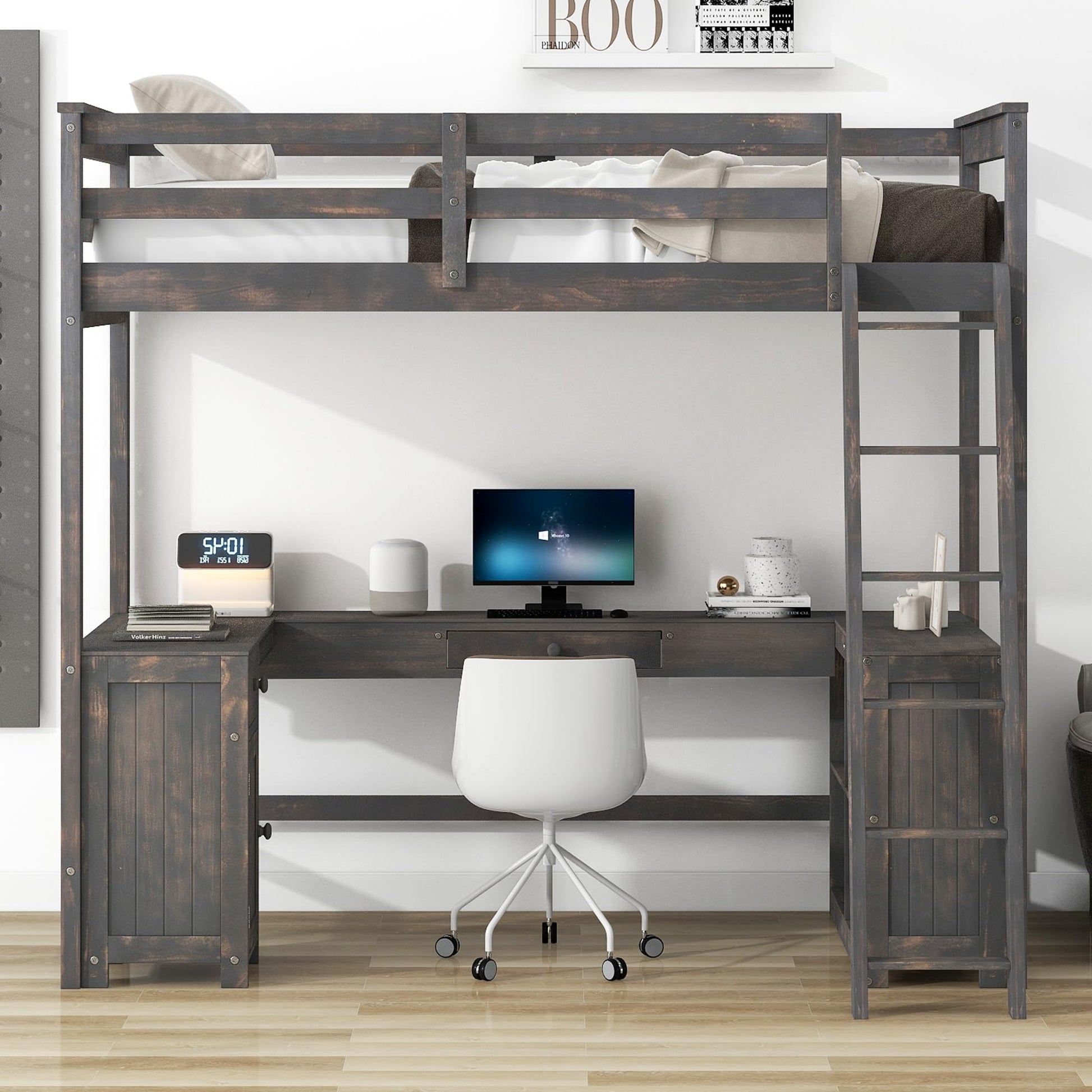 YOPTO - Cama Tipo Loft de tamaño Individual con 2 cajones y estantes de Almacenamiento, Marco de Cama de Madera con computadora en Forma de U y barandillas de Longitud Completa, Escalera, Muebles de