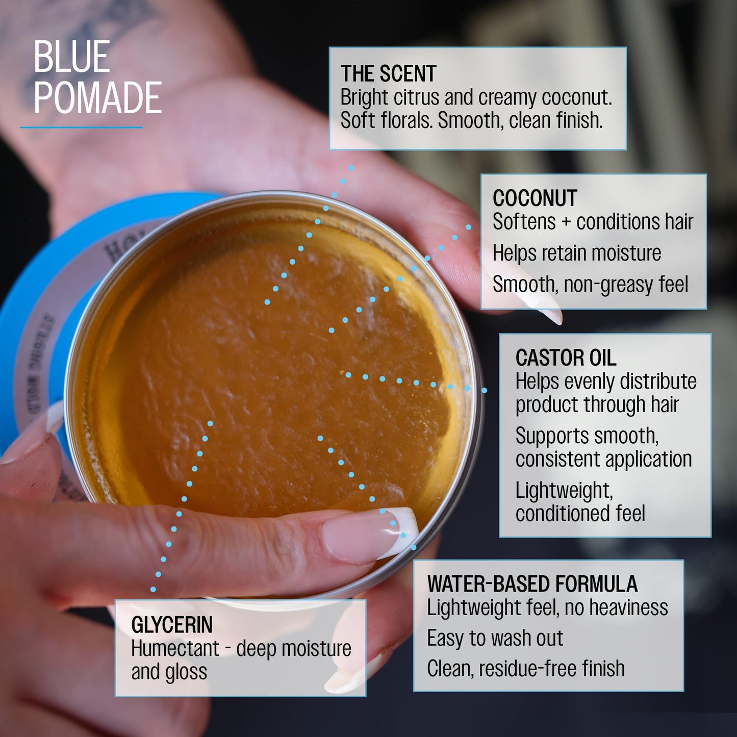 Reuzel Pomada de fijación fuerte azul, pomada de fijación fuerte para un aspecto brillante, soluble en agua con aroma a vainilla - 3,38 oz/95 g