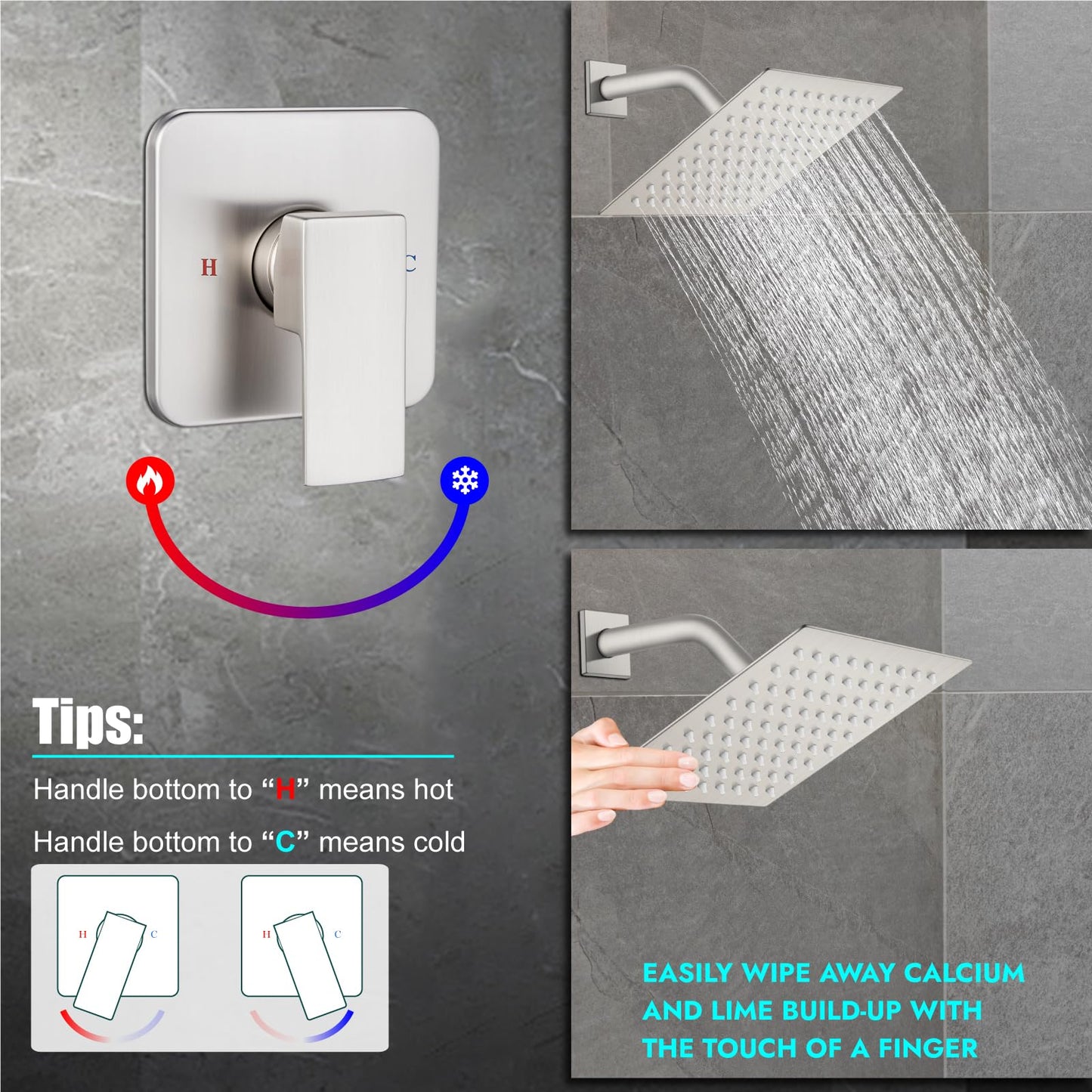 Heyalan Juego de cabezal de ducha y asa, juego de llave de ducha cuadrado para baño, sistema de ducha de lluvia de acero inoxidable, kit de molduras de ducha de una función, válvula de rosca hembra,