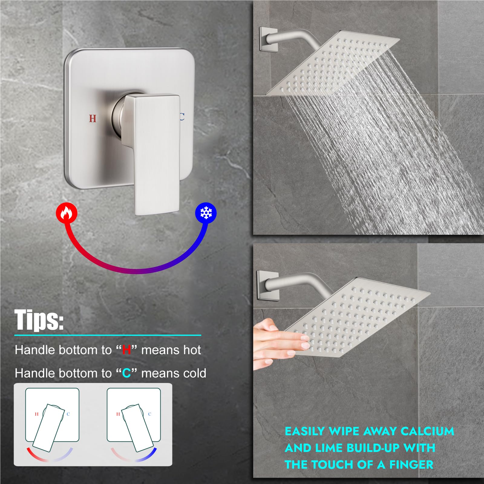 Heyalan Juego de cabezal de ducha y asa, juego de llave de ducha cuadrado para baño, sistema de ducha de lluvia de acero inoxidable, kit de molduras de ducha de una función, válvula de rosca hembra,